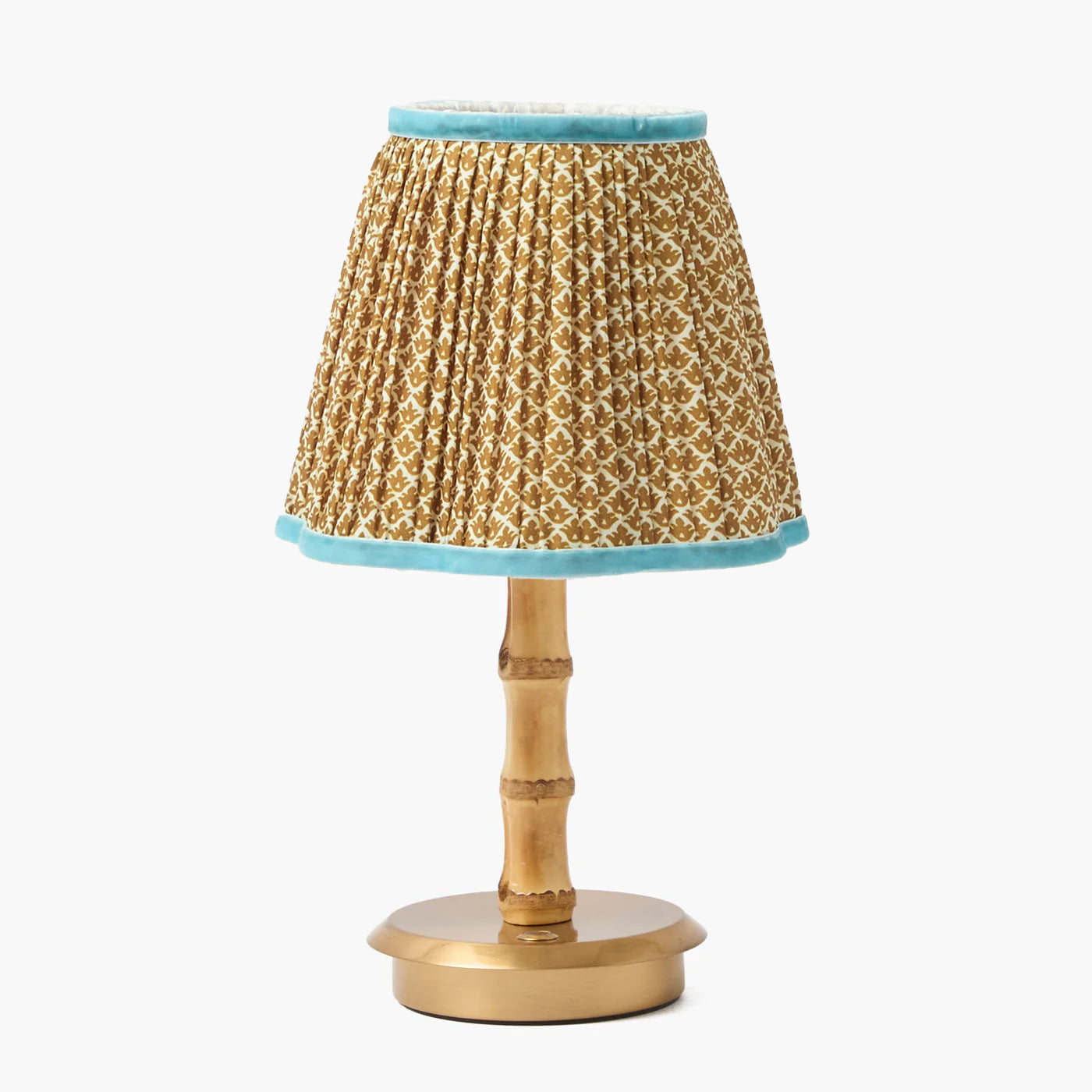 Short Bamboo Rechargeable Lamp with Caramel & Blue Lotus Shade (18cm)