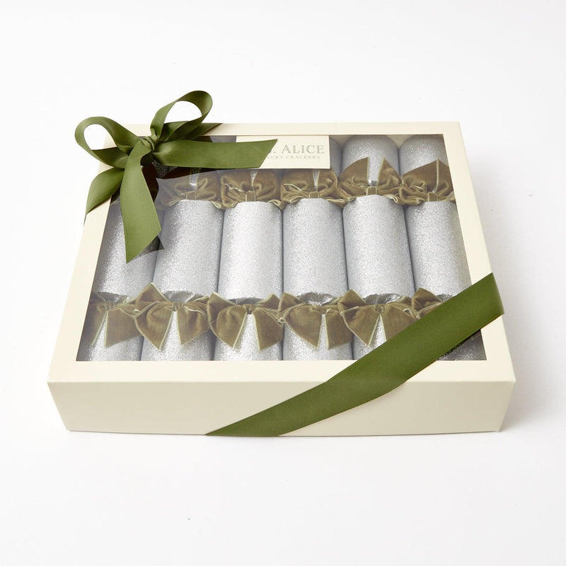 Silver Glitter Cracker with Green Velvet Bow (Box of 6)
