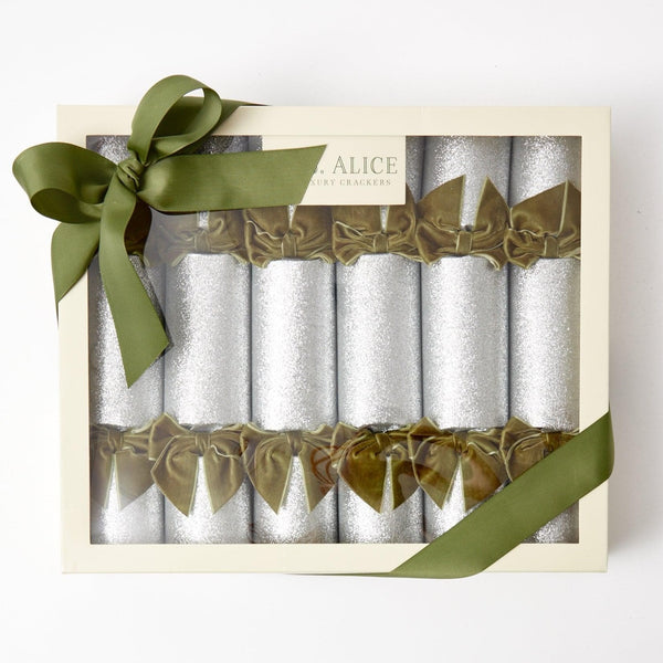 Silver Glitter Crackers with Green Velvet Bow (Box of 6)