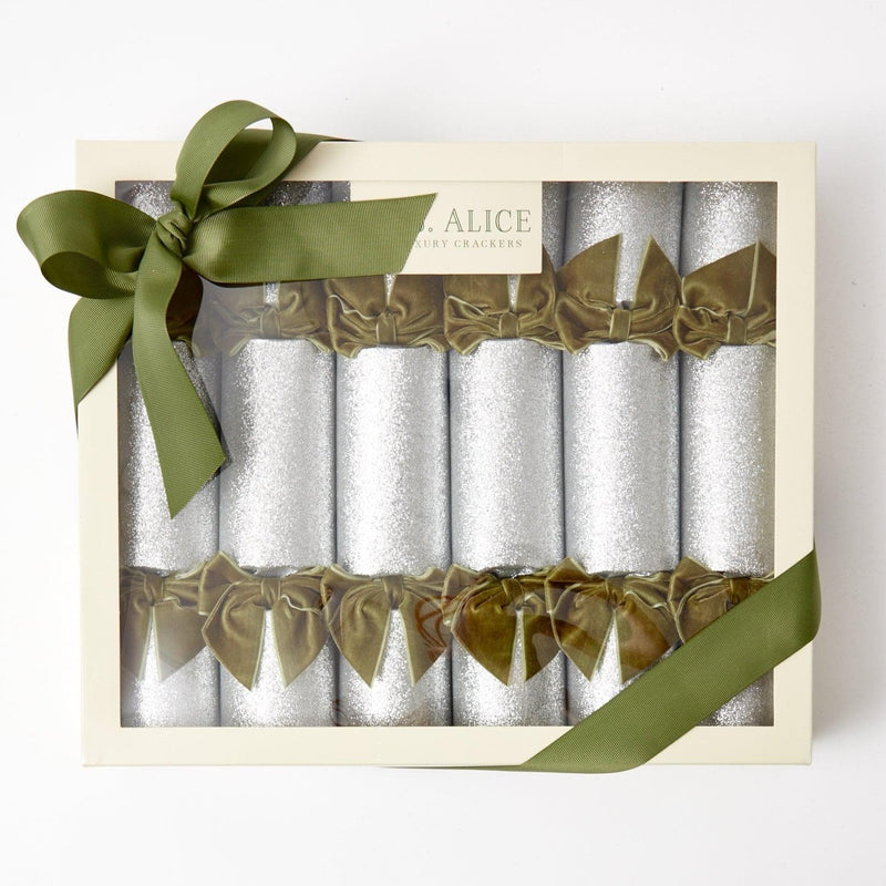 Silver Glitter Cracker with Green Velvet Bow (Box of 6)
