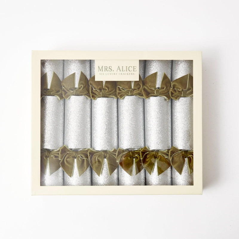 Silver Glitter Crackers with Green Velvet Bow (Box of 6)