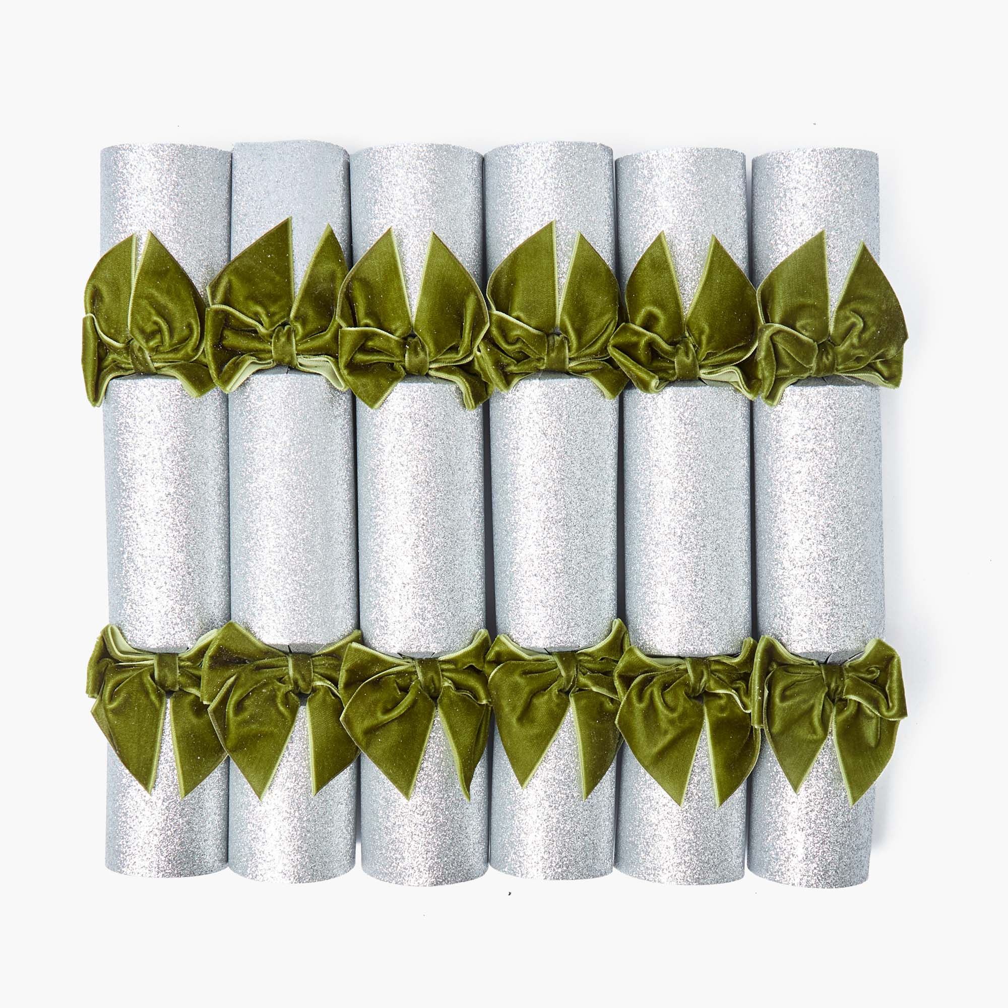 Silver Glitter Crackers with Green Velvet Bow (Box of 6)