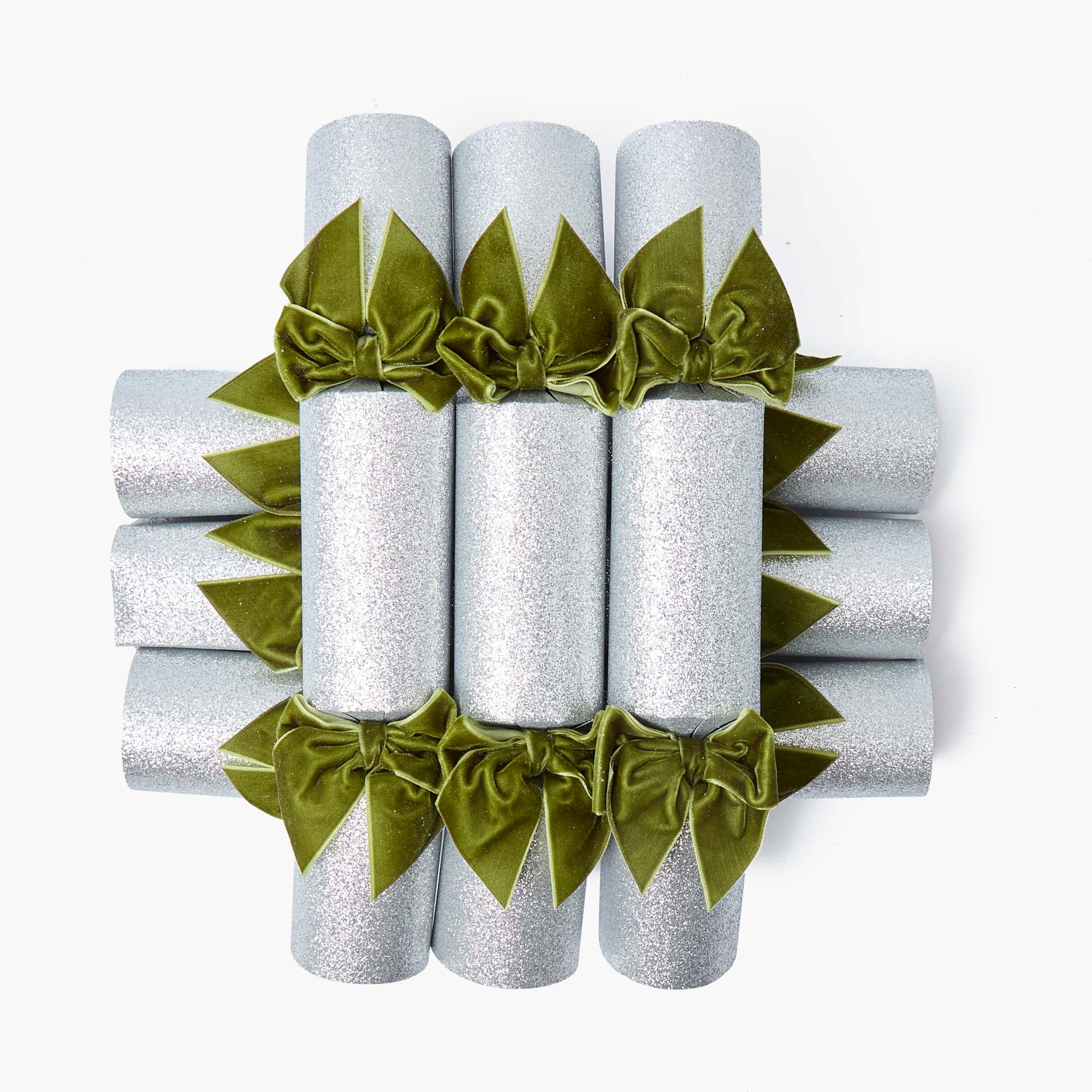 Silver Glitter Crackers with Green Velvet Bow (Box of 6)