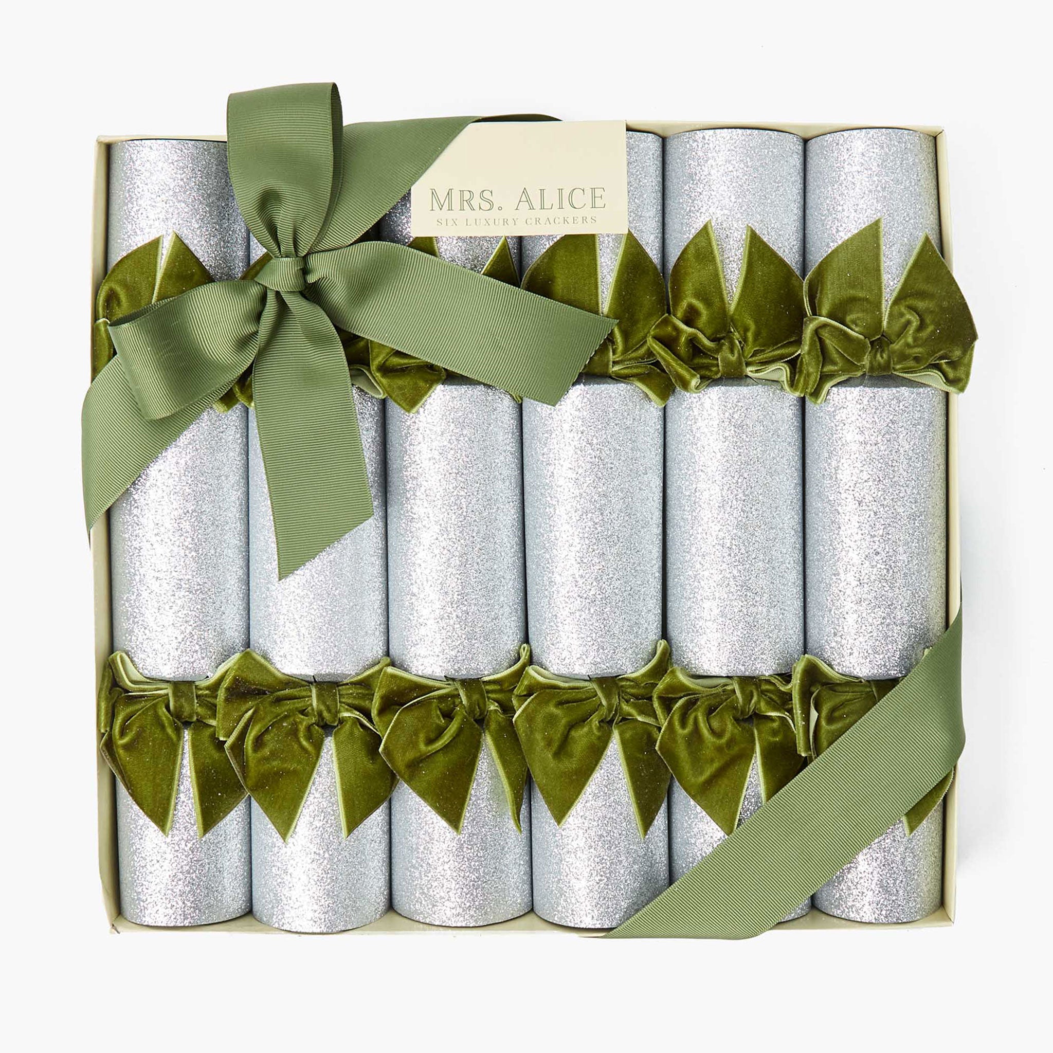 Silver Glitter Crackers with Green Velvet Bow (Box of 6)
