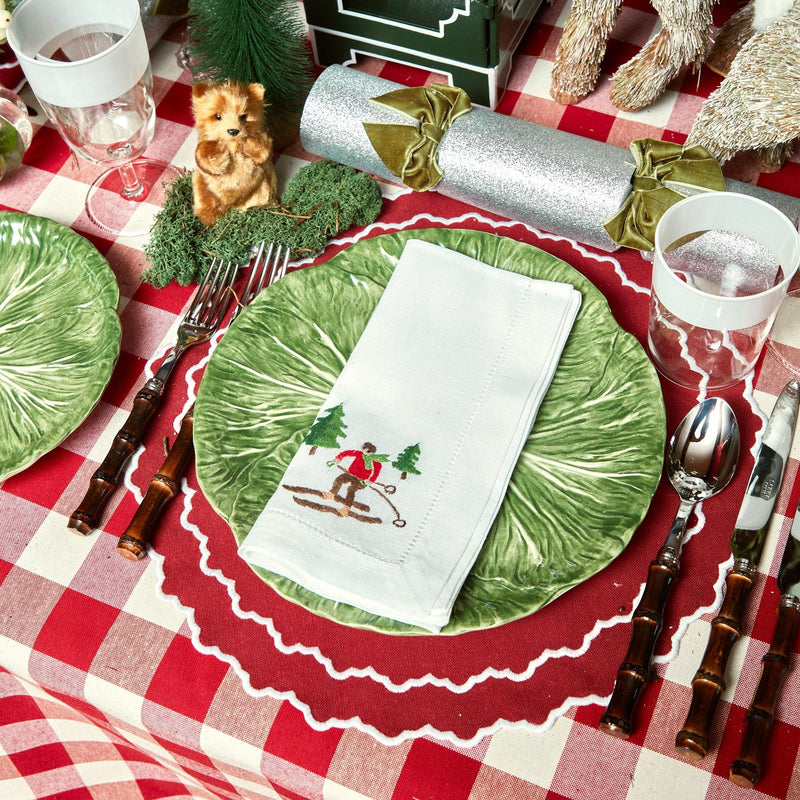 Christmas green embroidered napkins, holiday table decor, cloth dinner  napkins