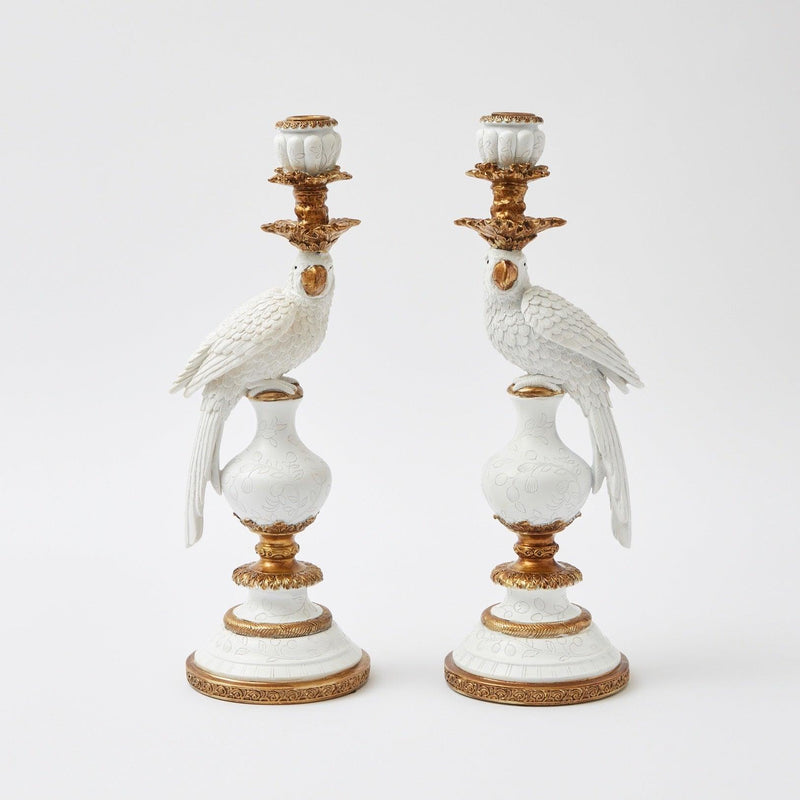 Pair of White Parrot Candle Holders: Exquisite tropical accents.