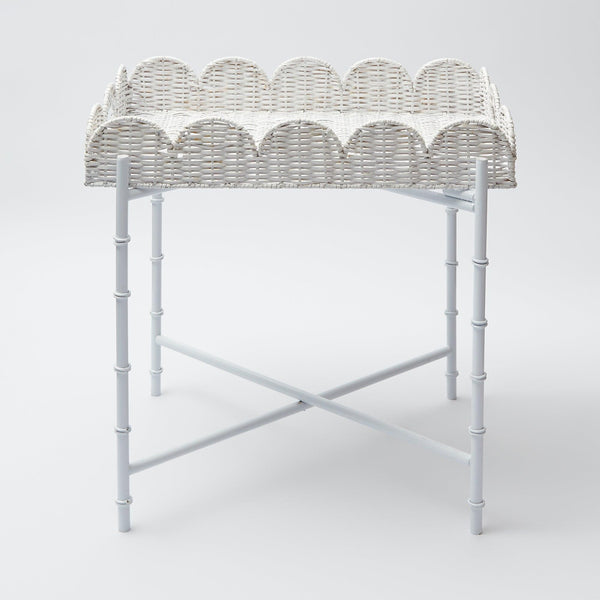White Scalloped Rattan Tray With Stand - Mrs. Alice