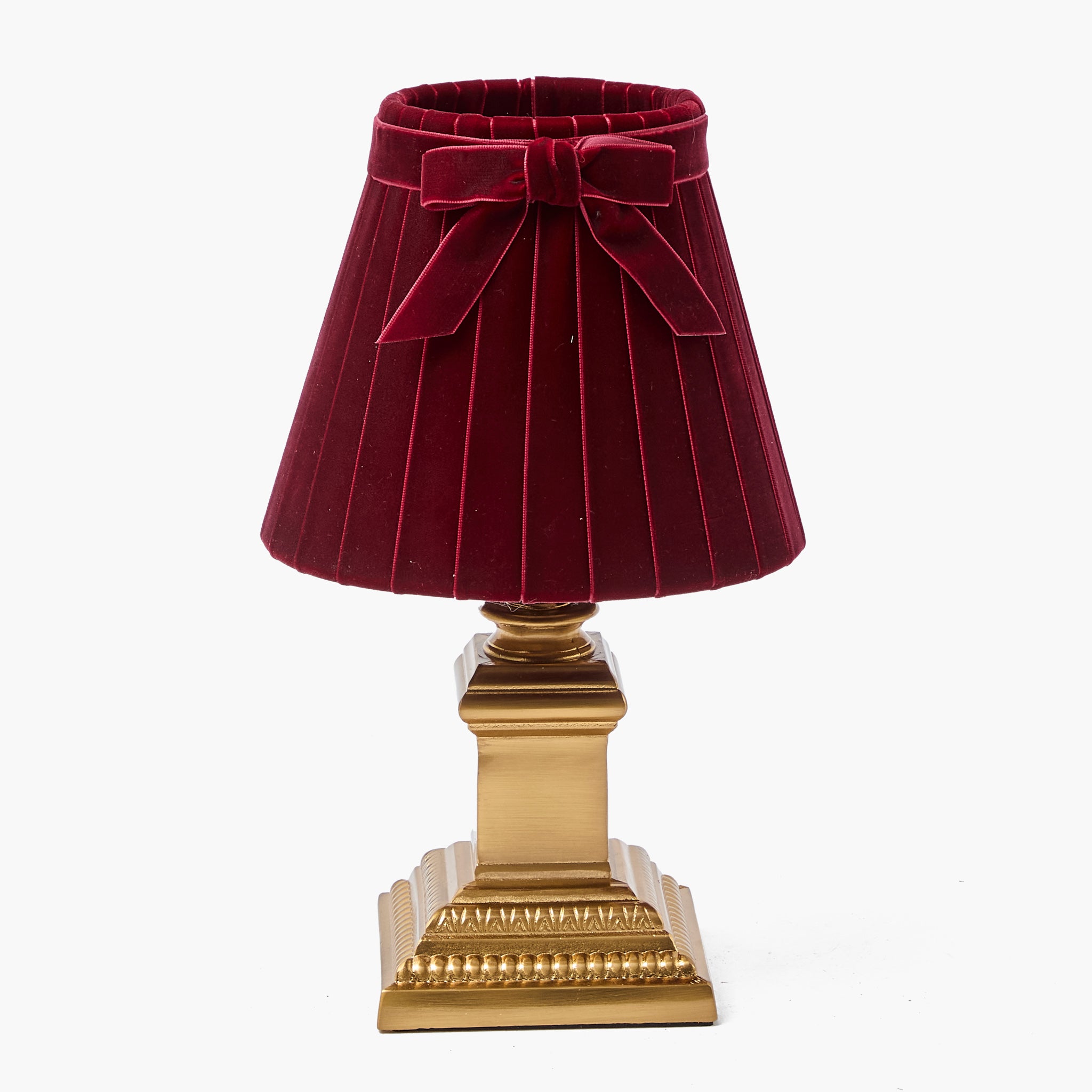 Short Corinthian Square Rechargeable Lamp with Burgundy Velvet Bow Shade (18cm)