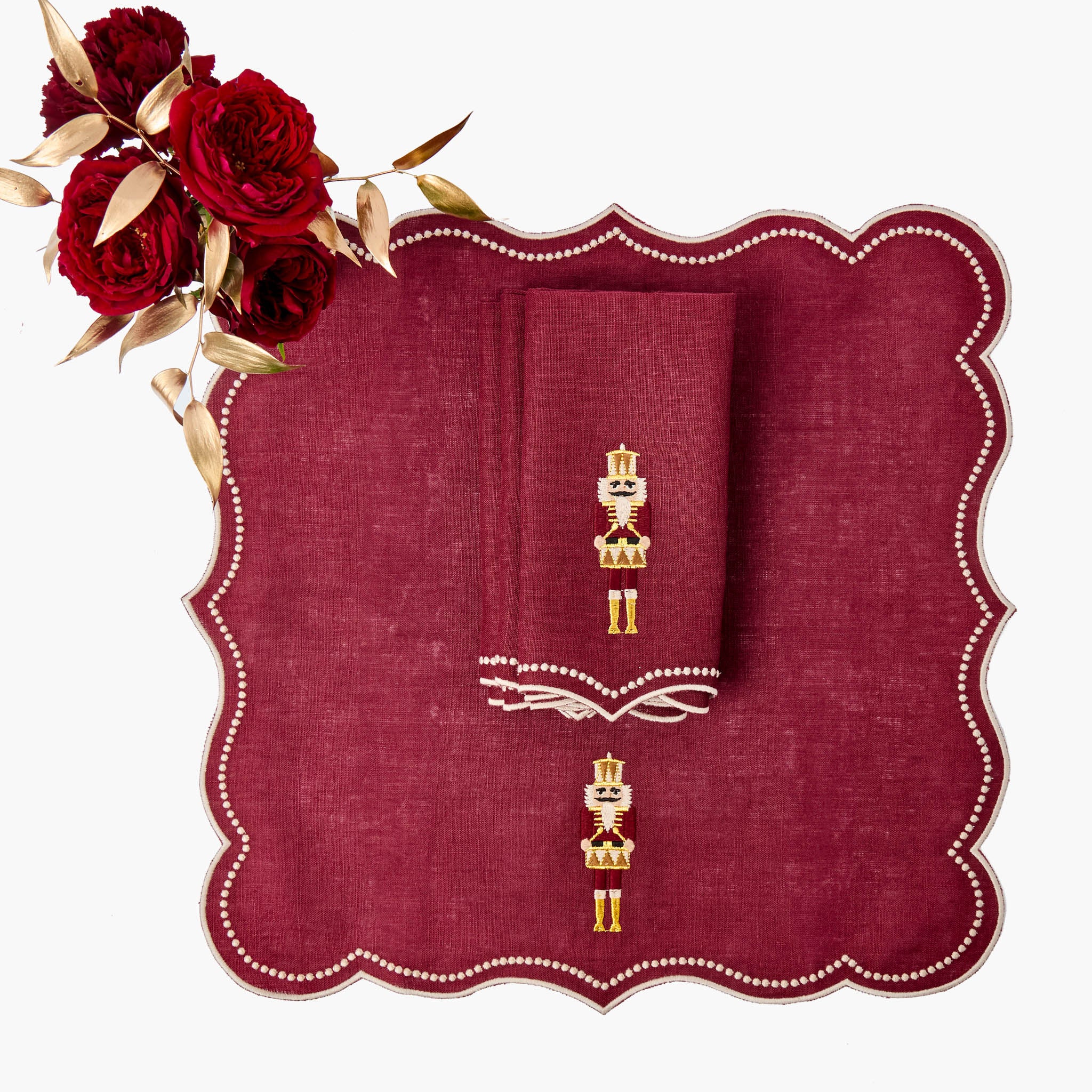 Burgundy Linen Embroidered Nutcracker Napkins (Set of 4)