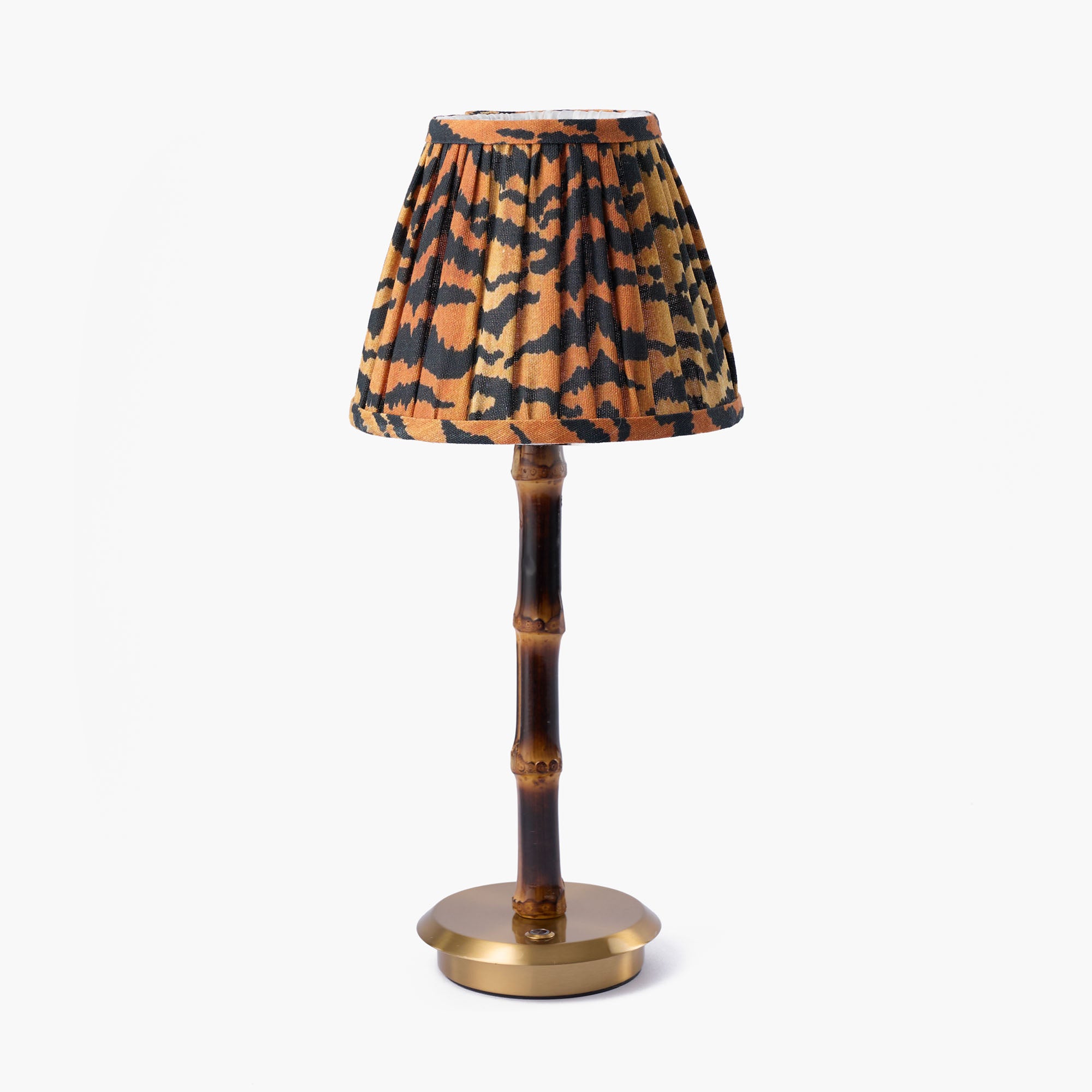Burnt Bamboo Rechargeable Lamp with Tiger Print Shade (18cm)