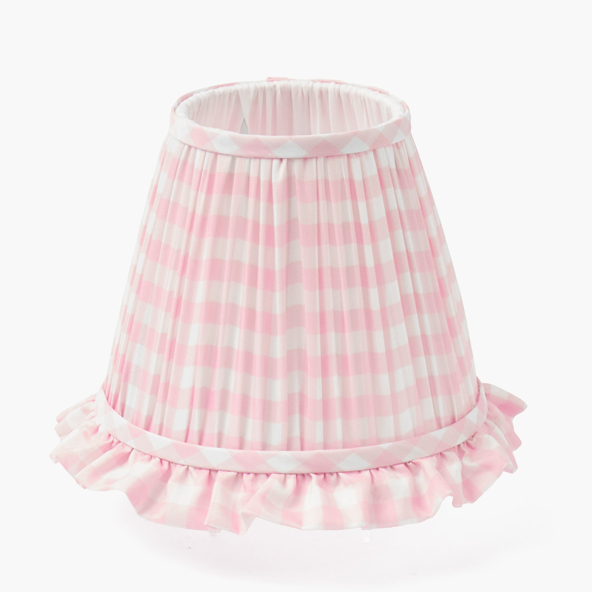 Pink and white checkered lampshade with ruffled edge on a white background