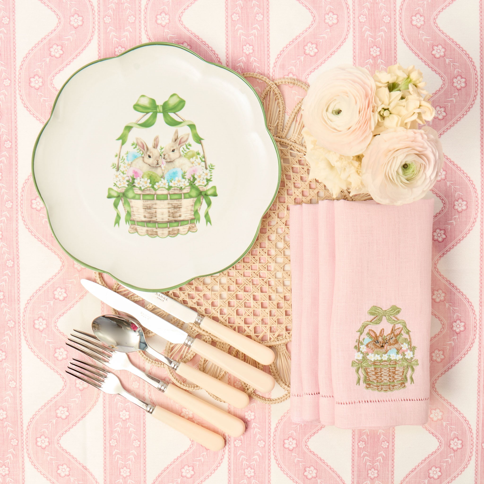 Bunnies in Basket Linen Embroidered Napkins (Set of 4)