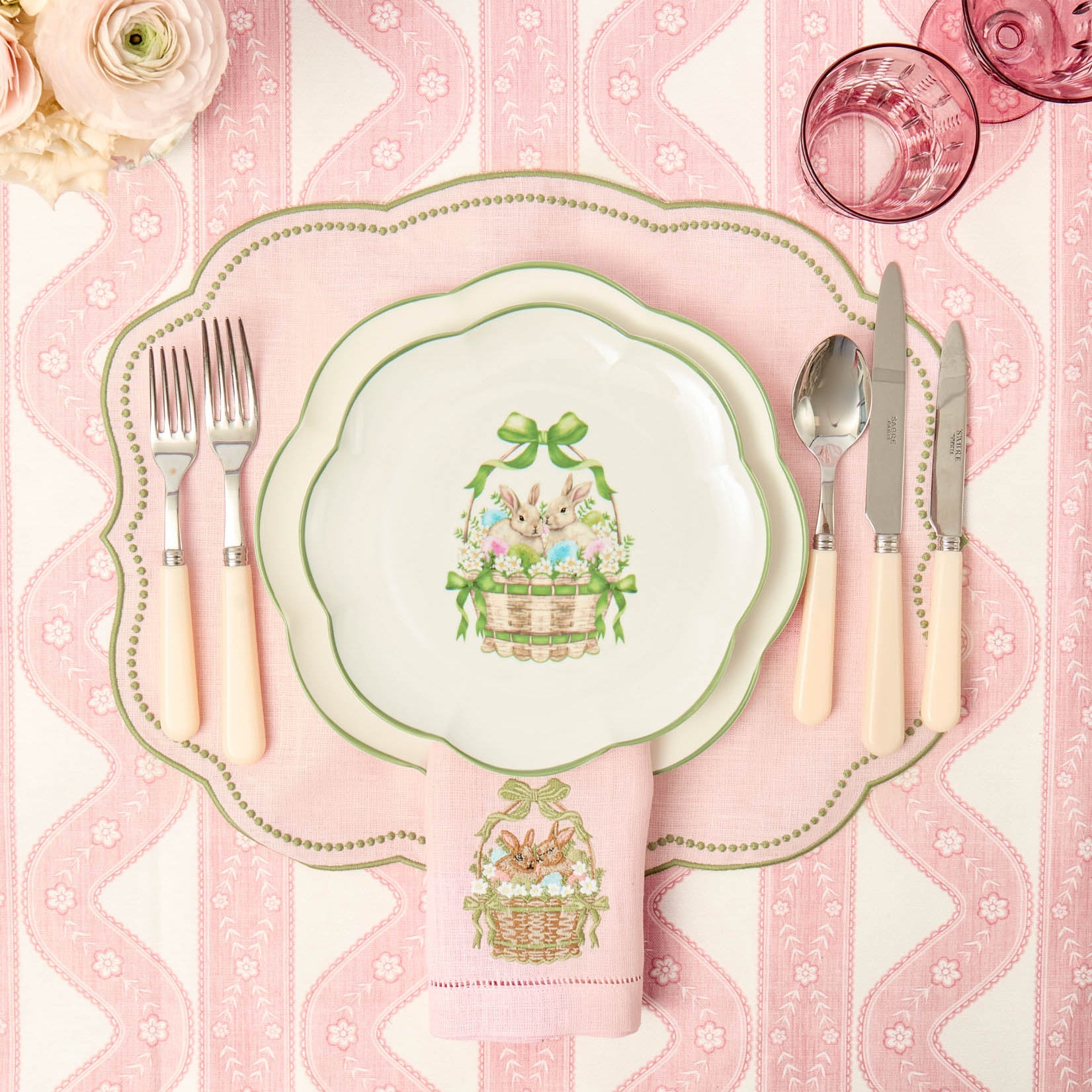 Bunnies in Basket Linen Embroidered Napkins (Set of 4)