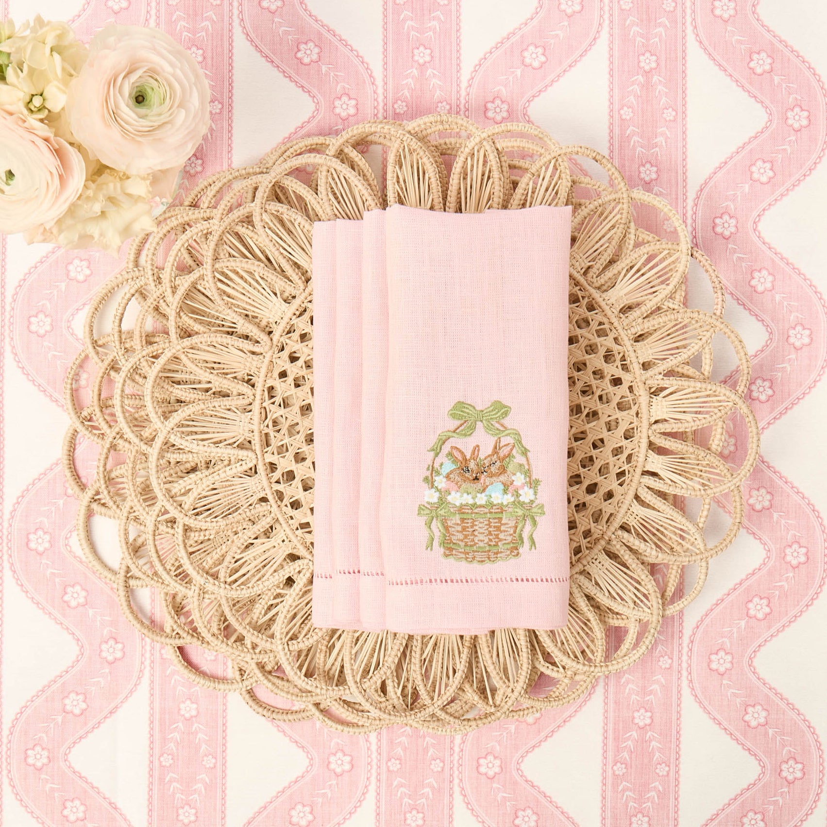 Bunnies in Basket Linen Embroidered Napkins (Set of 4)
