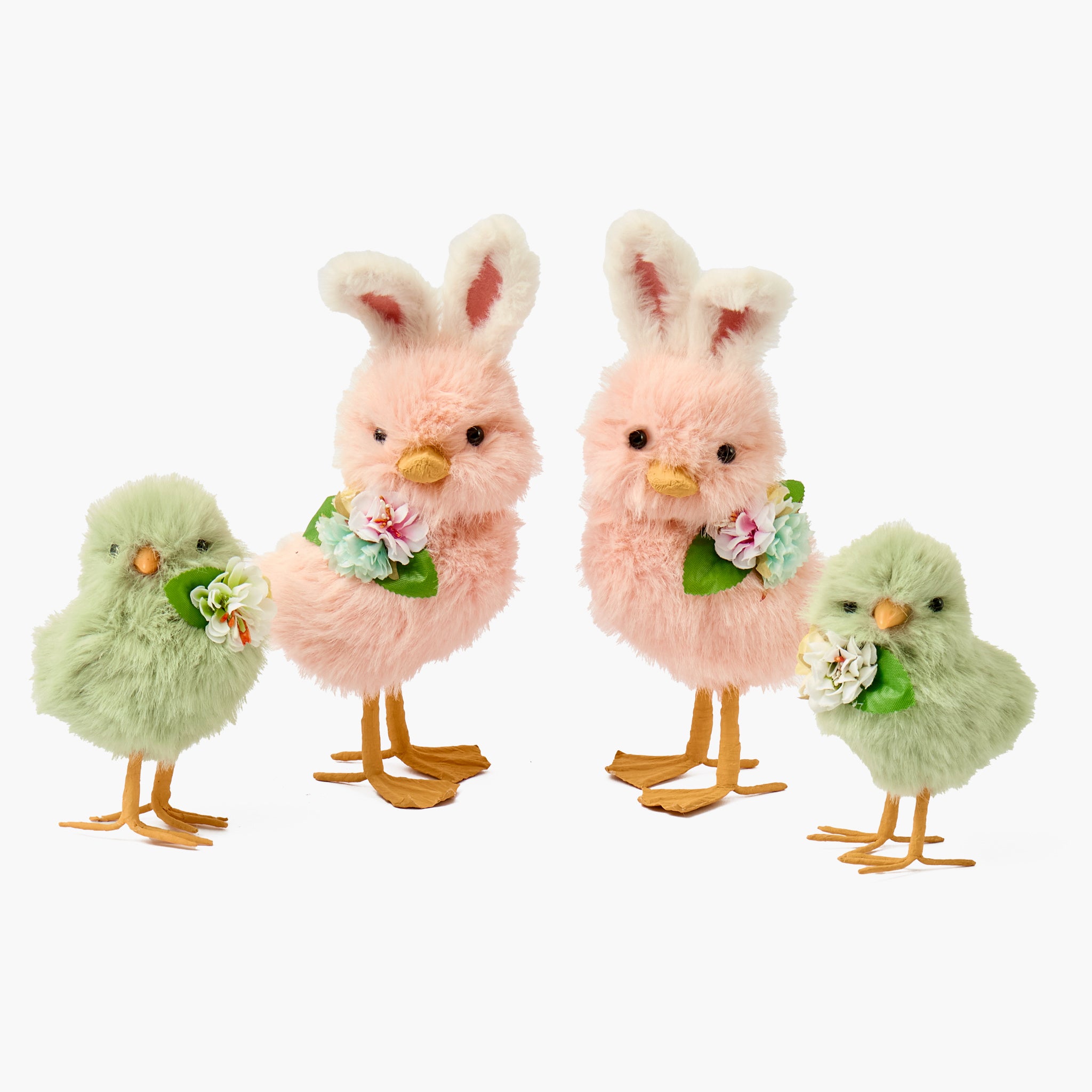 Set of four fluffy Easter decorations including two pink bunnies and two green chicks on a white background.