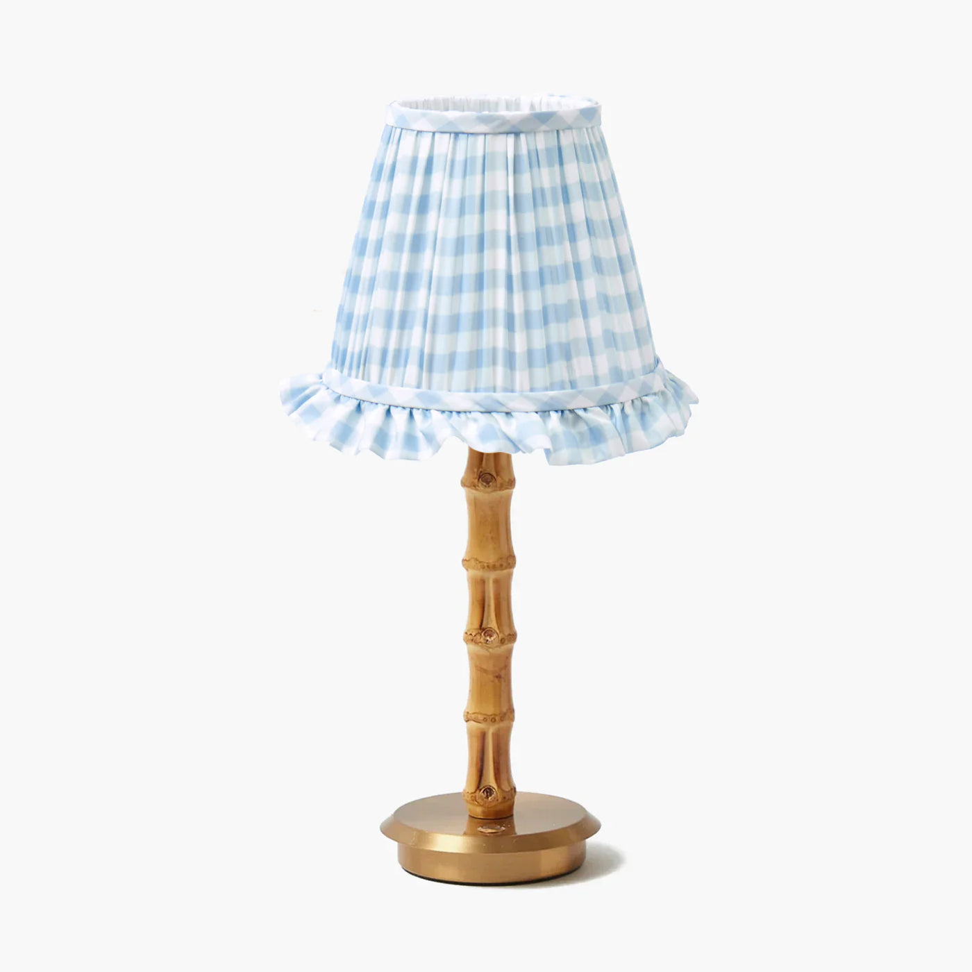 Bamboo Rechargeable Lamp with Blue Gingham Shade (18cm)