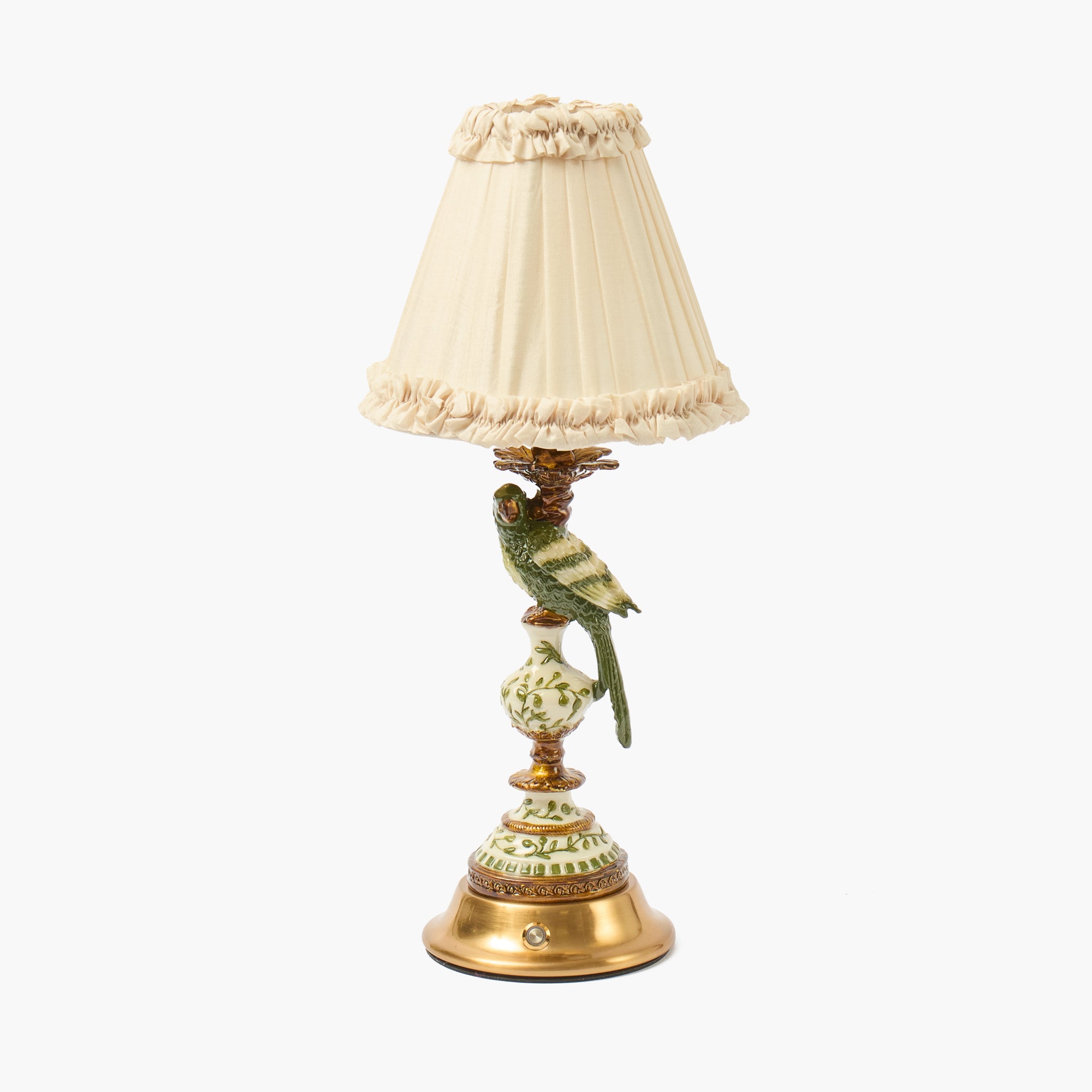 Olive Parrot Rechargeable Lamp with Cream Silk Frilled Shade (18cm)
