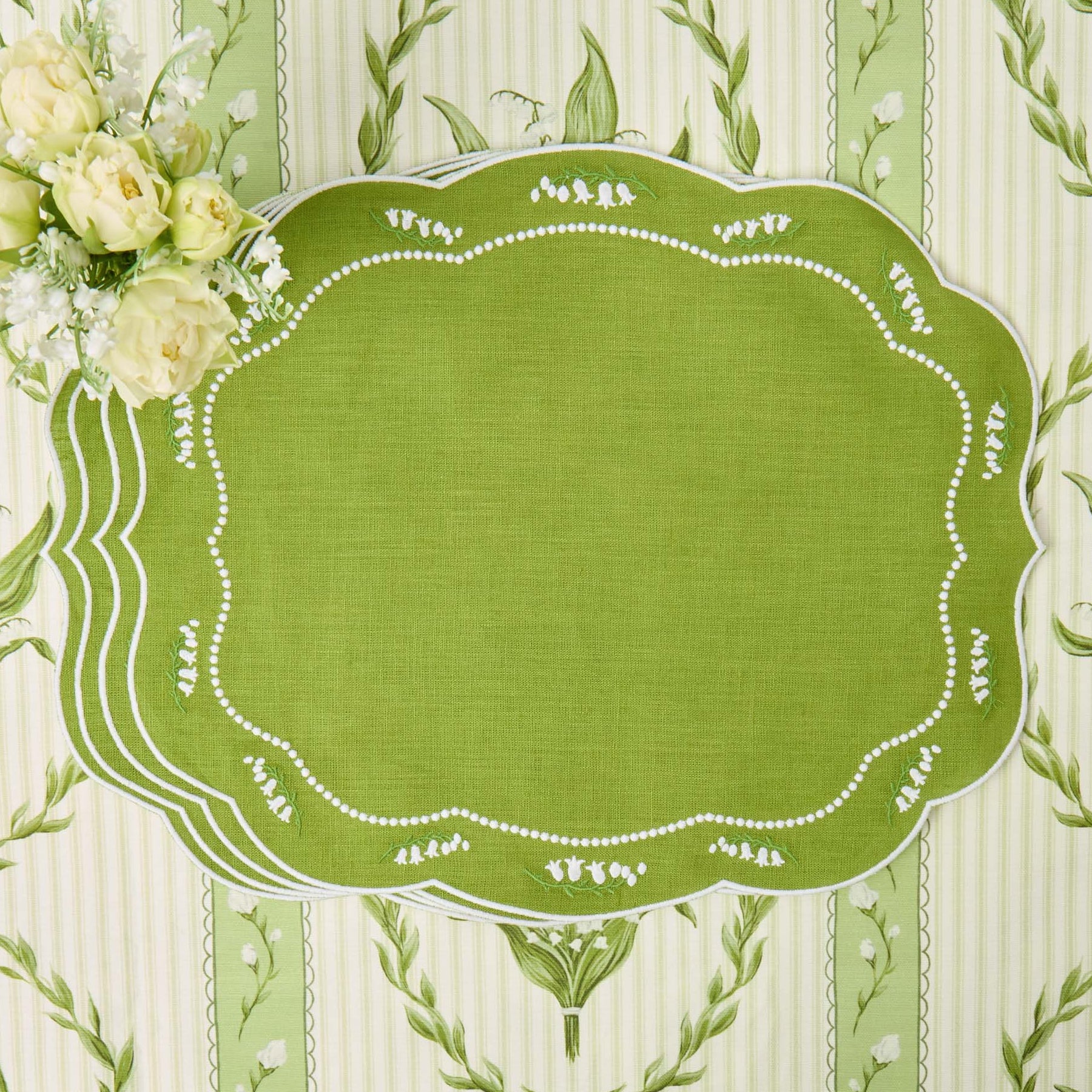 Lily of the Valley Eloise Green Linen Placemats (Set of 4)