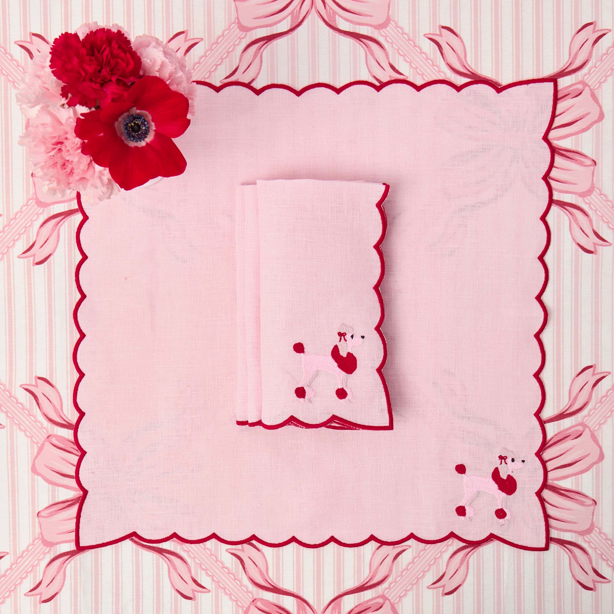 Eloise Pink & Red Linen Placemats & Fifi Poodle Napkins (Set of 4)