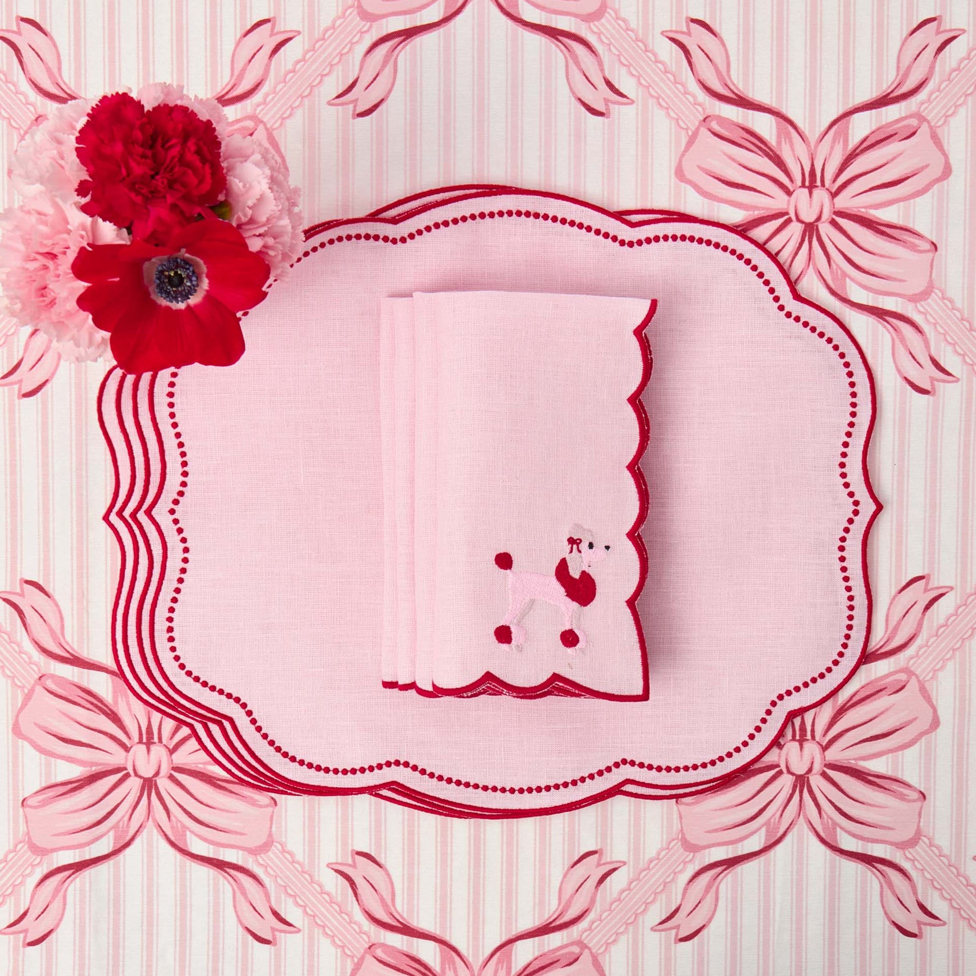 Eloise Pink & Red Linen Placemats & Fifi Poodle Napkins (Set of 4)