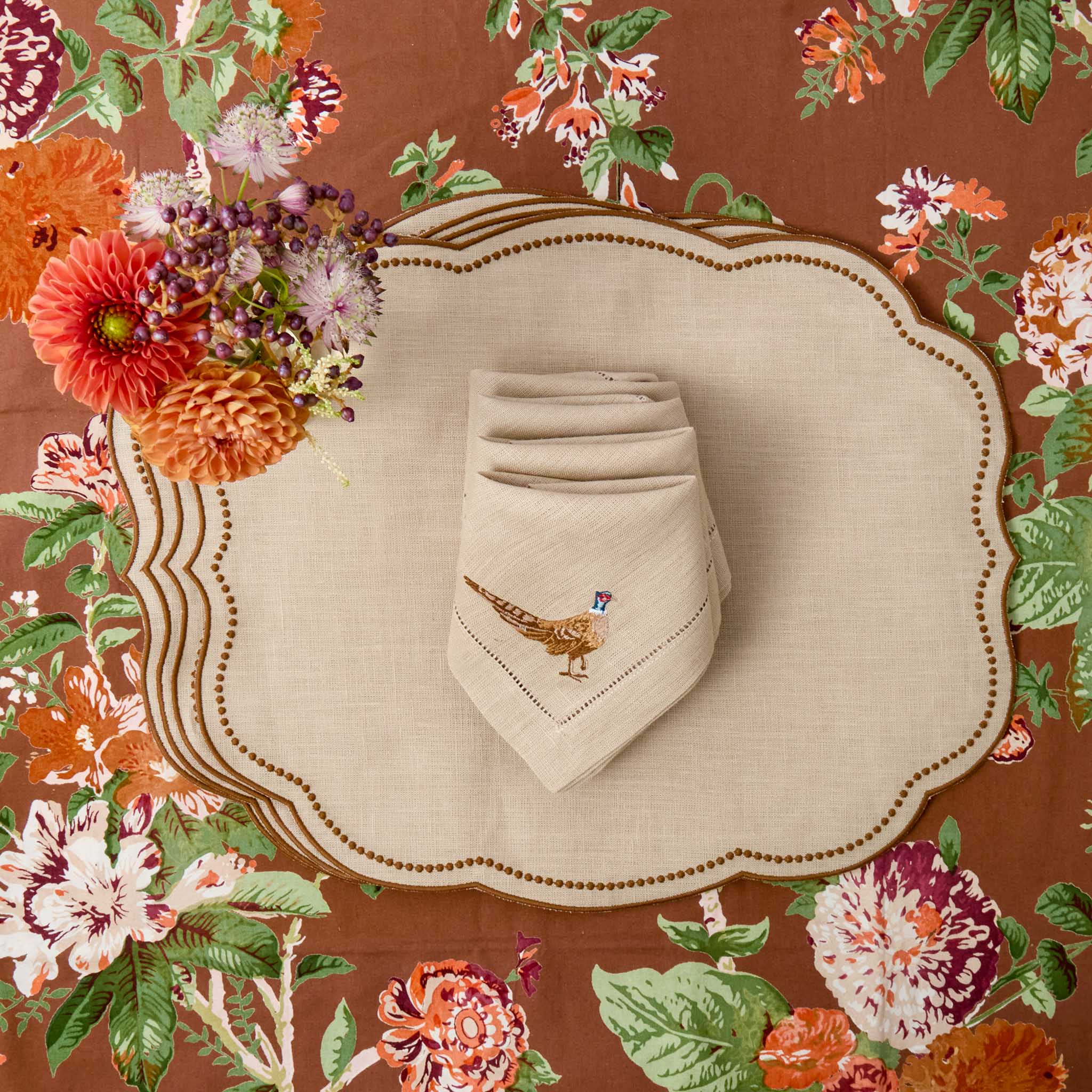 Eloise Taupe & Chocolate Linen Placemats & Pheasant Napkins (Set of 4)
