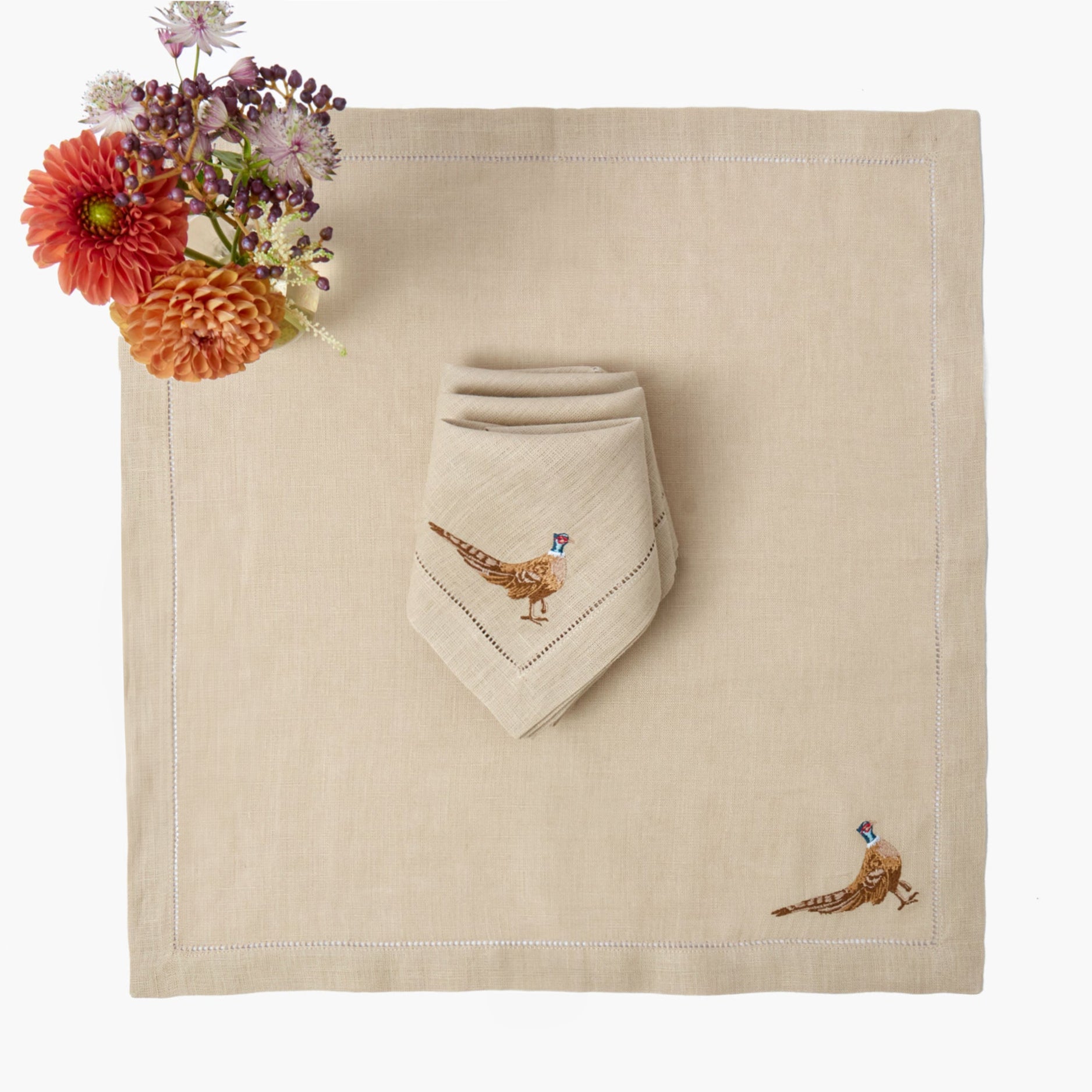 Pheasant Embroidered Taupe Linen Napkins (Set of 4)