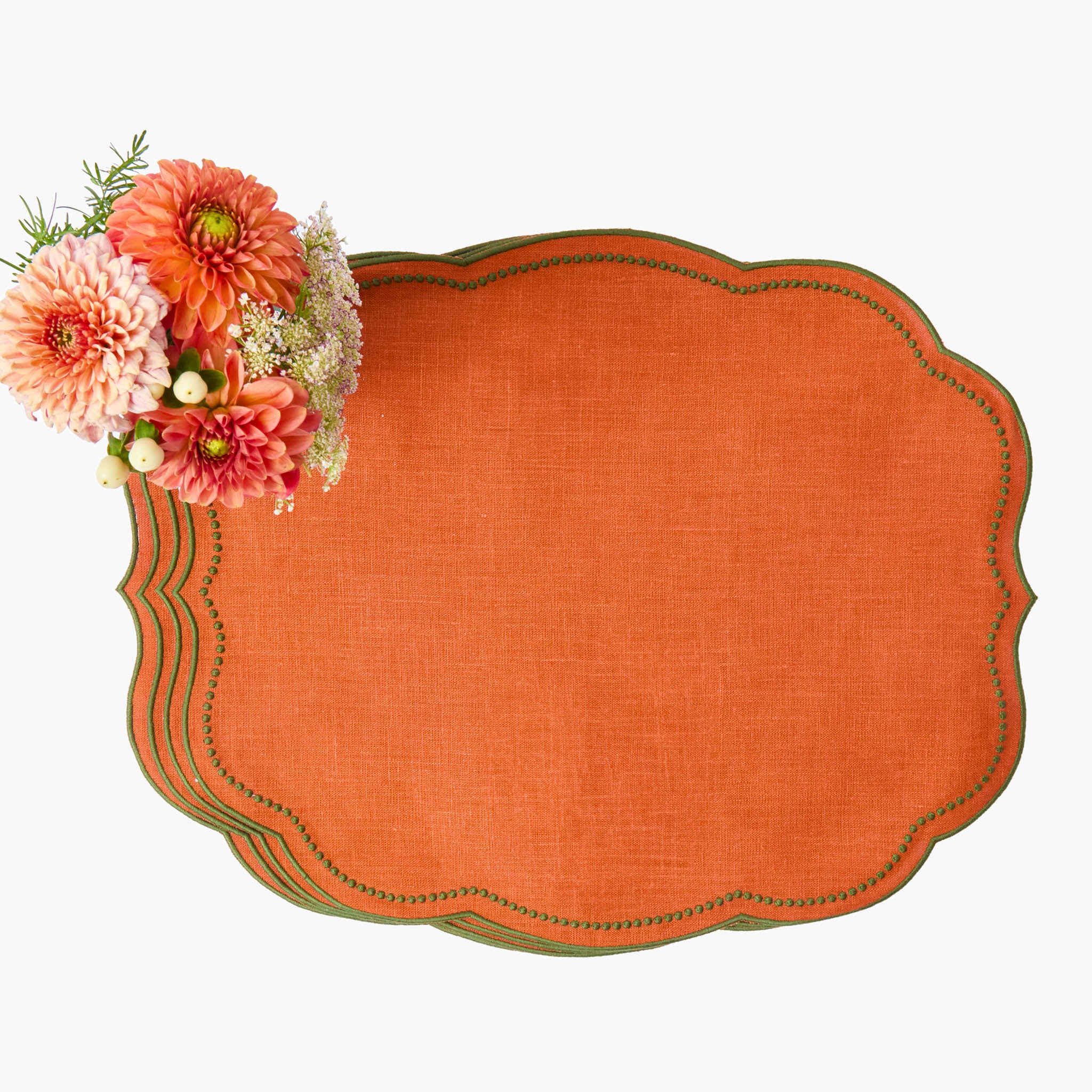 Eloise Orange & Green Linen Placemats & Mushroom Garland Napkins (Set of 4)
