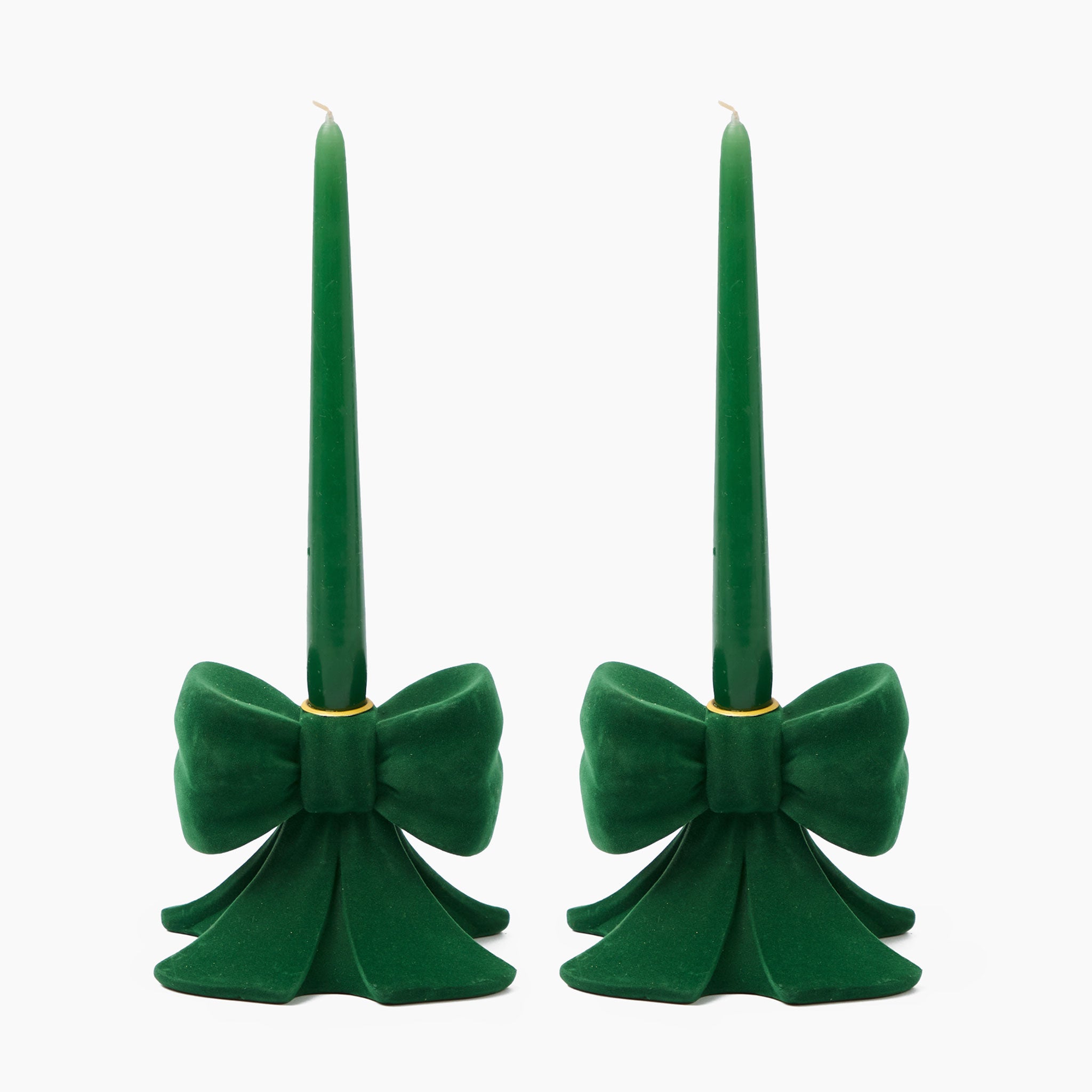 Green Velvet Bow Candle Holders (Pair)