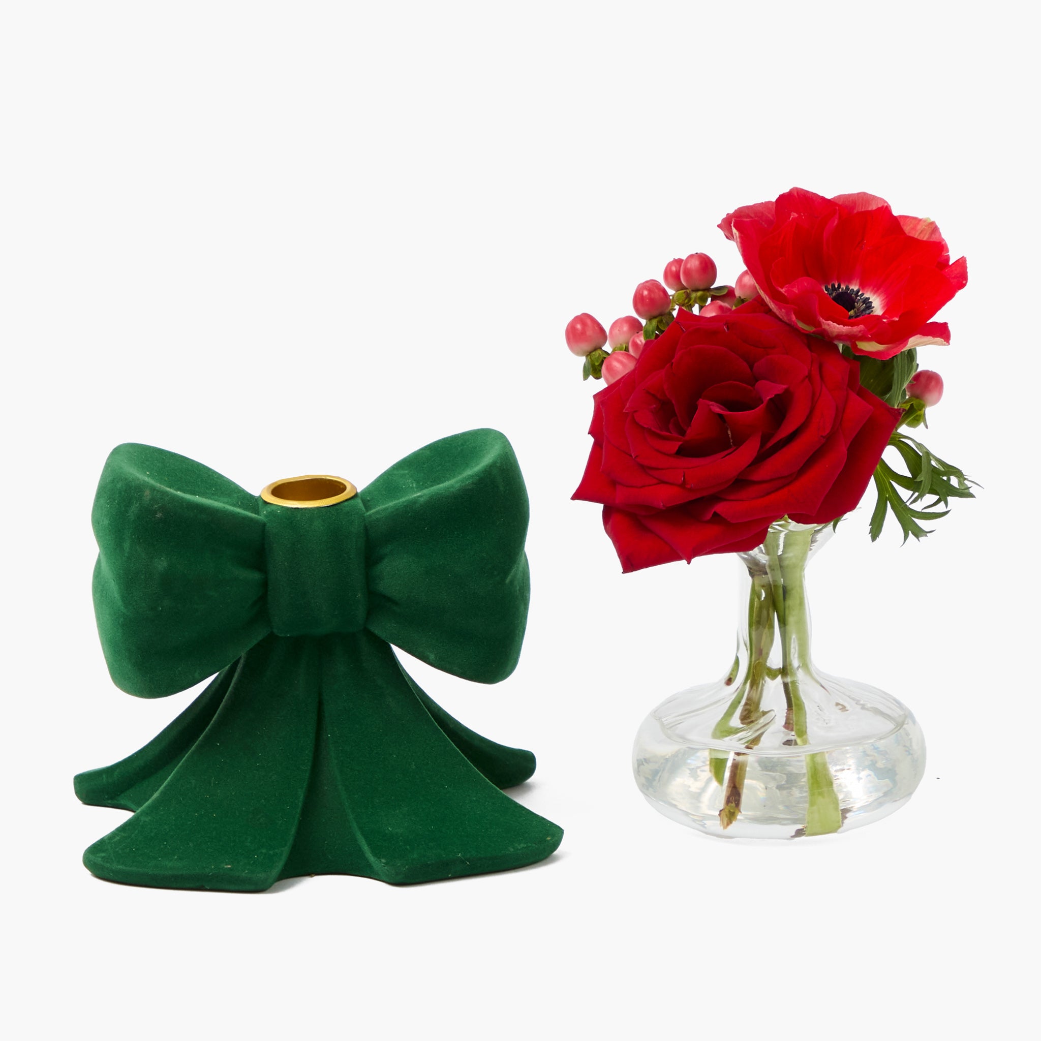 Green Velvet Bow Candle Holders (Pair)