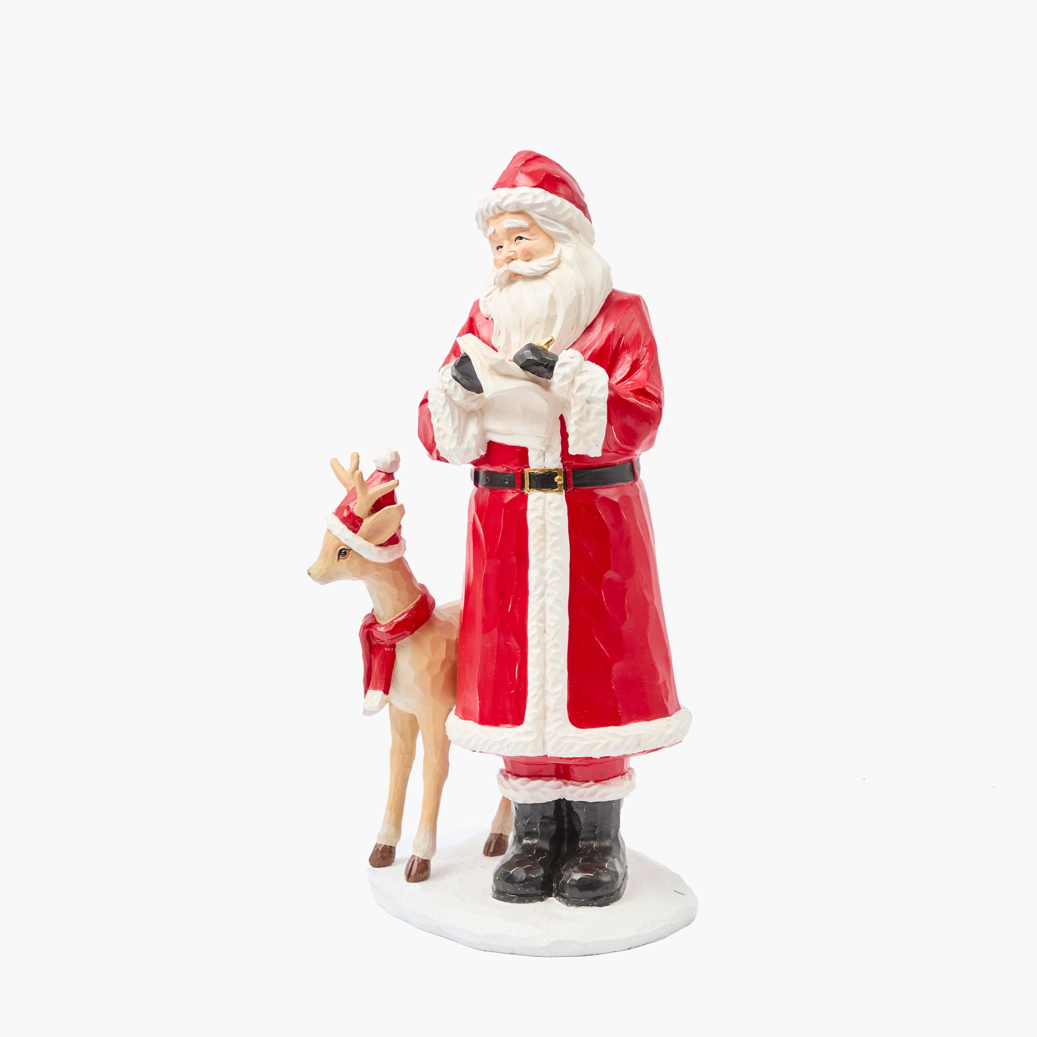 Santa Claus figurine with a reindeer on a white background