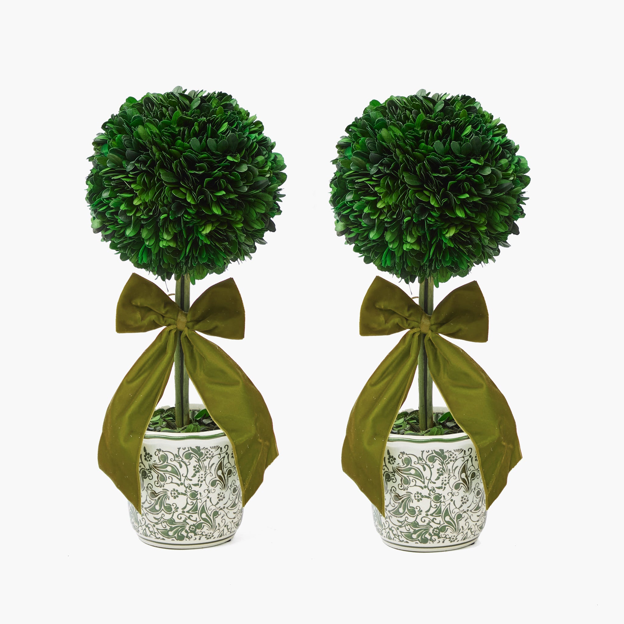 Large Green Ribboned Chinoiserie Potted Boxwood Balls (Pair)