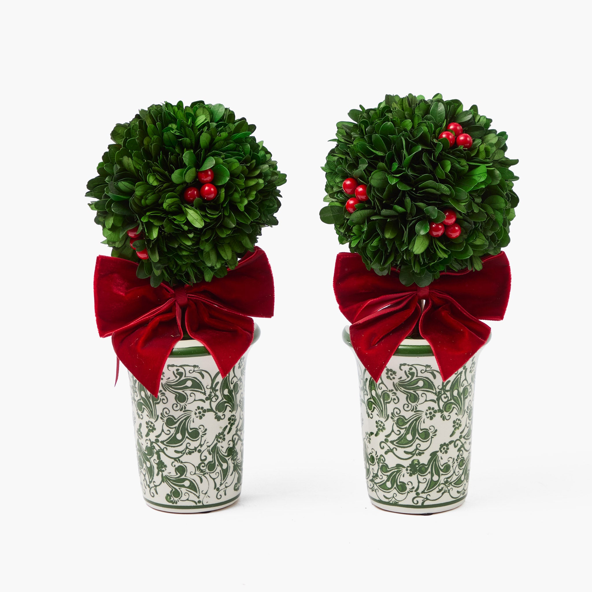 Red Ribboned Chinoiserie Potted Boxwood Balls with Berries (Pair)