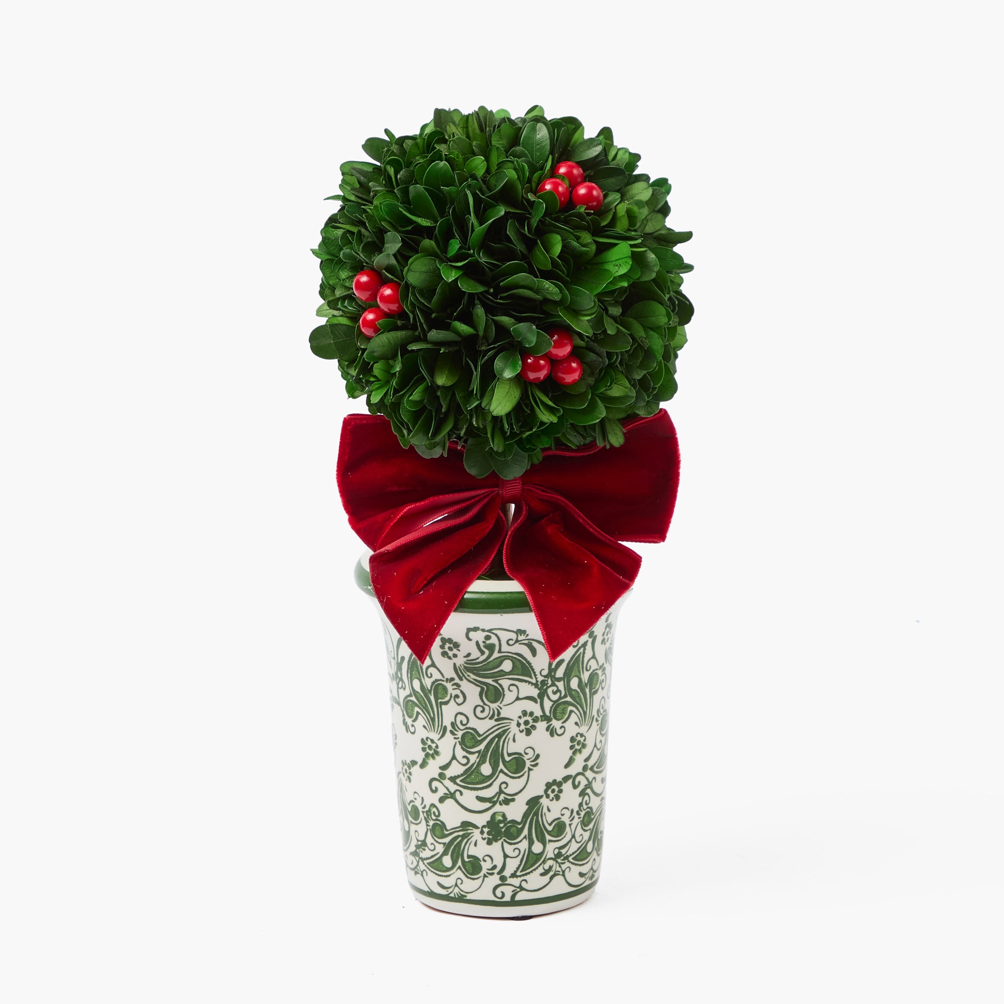 Red Ribboned Chinoiserie Potted Boxwood Balls with Berries (Pair)