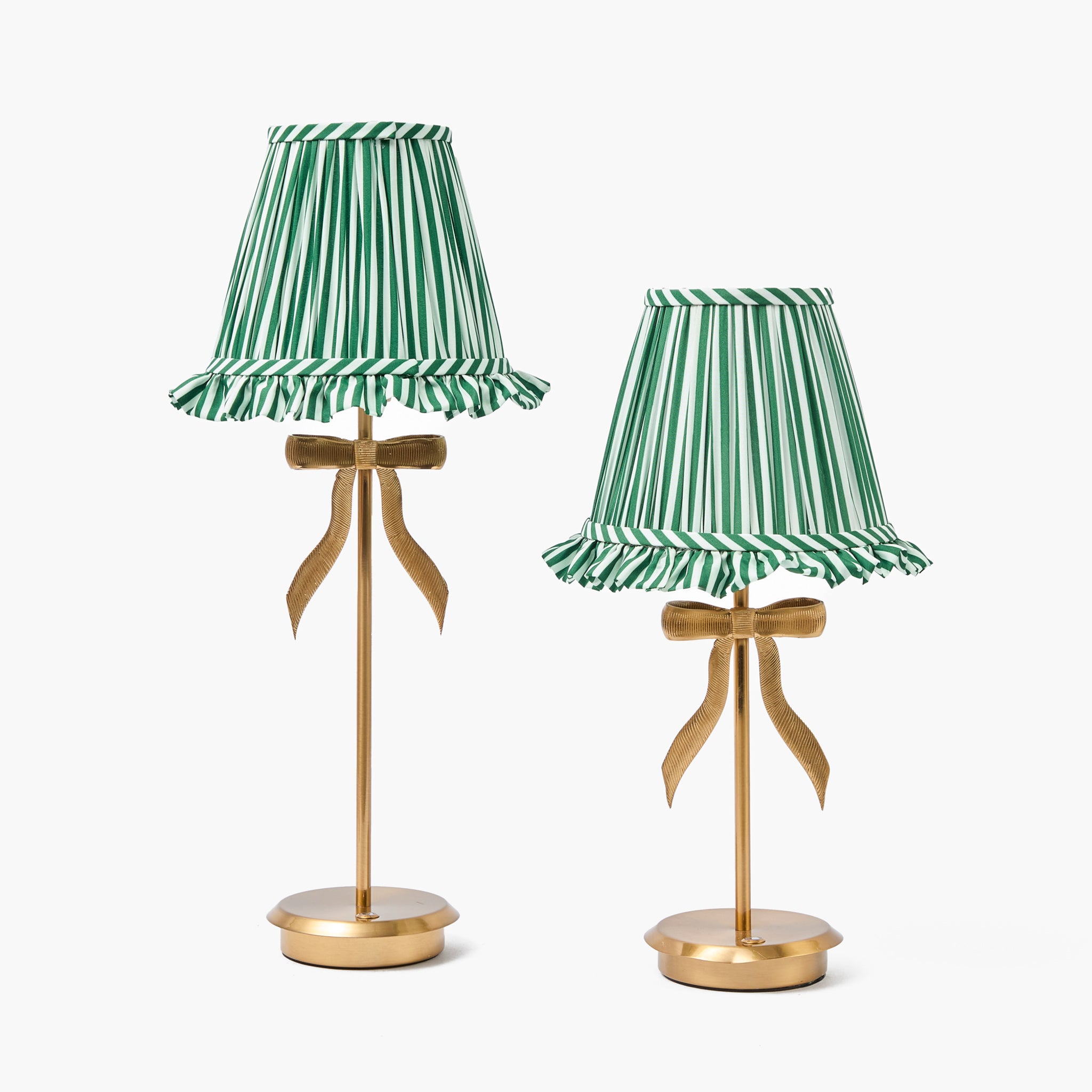 Tall Marilyn Bow Rechargeable Lamp with Frilled Forest Green Striped Ruffle Shade (18cm)