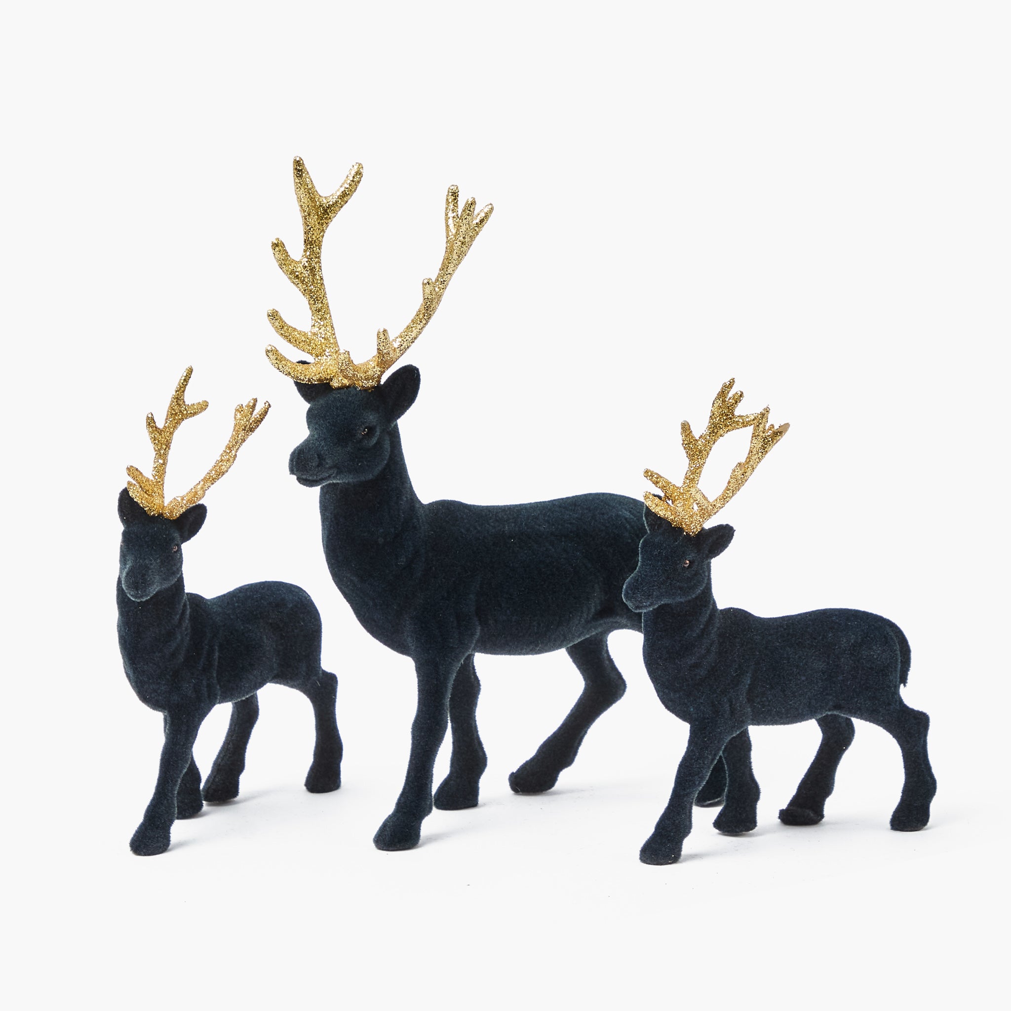 Small Flocked Navy Reindeers with Gold Antlers (Set of 4)