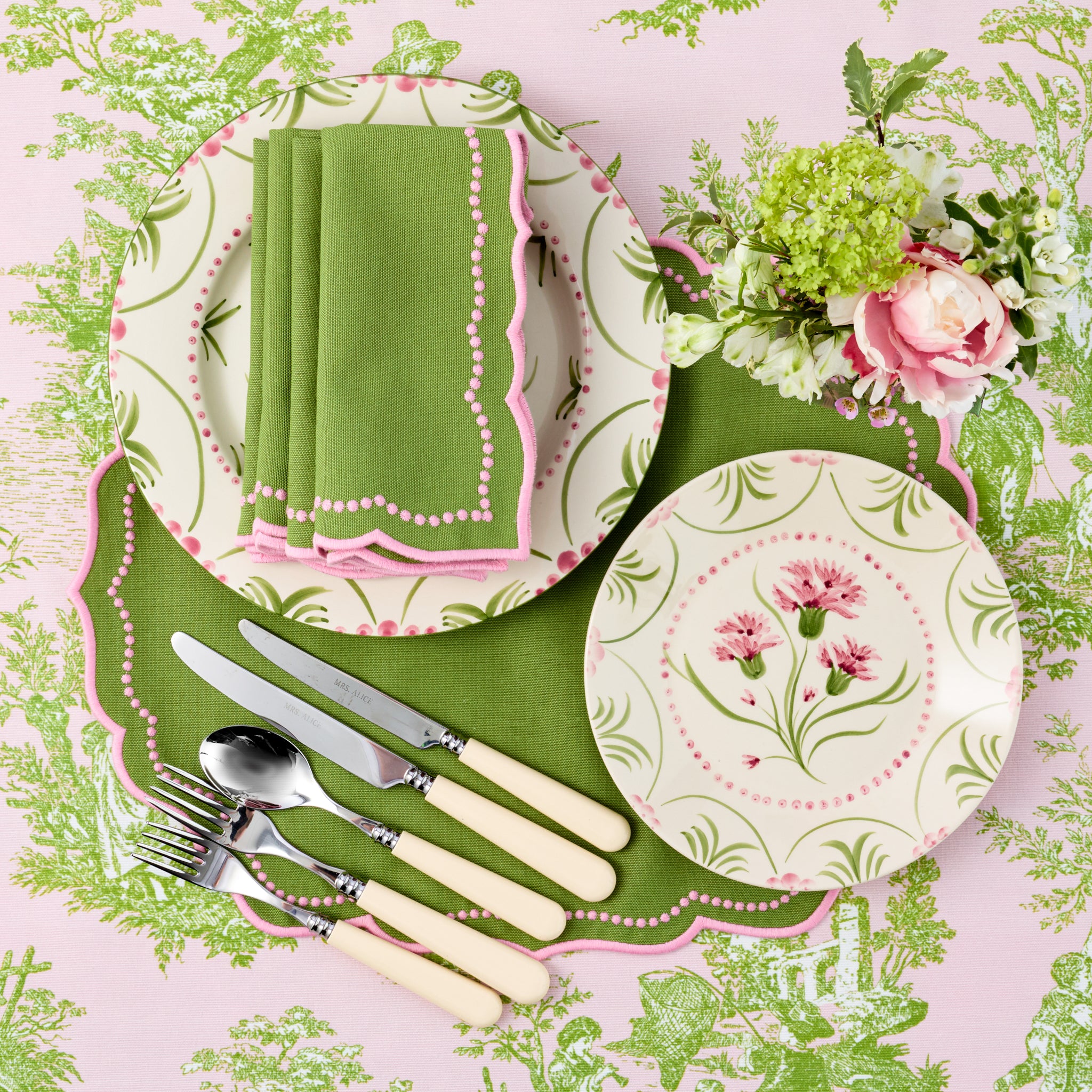 Pink & Green Ottilie Toile Tablecloth