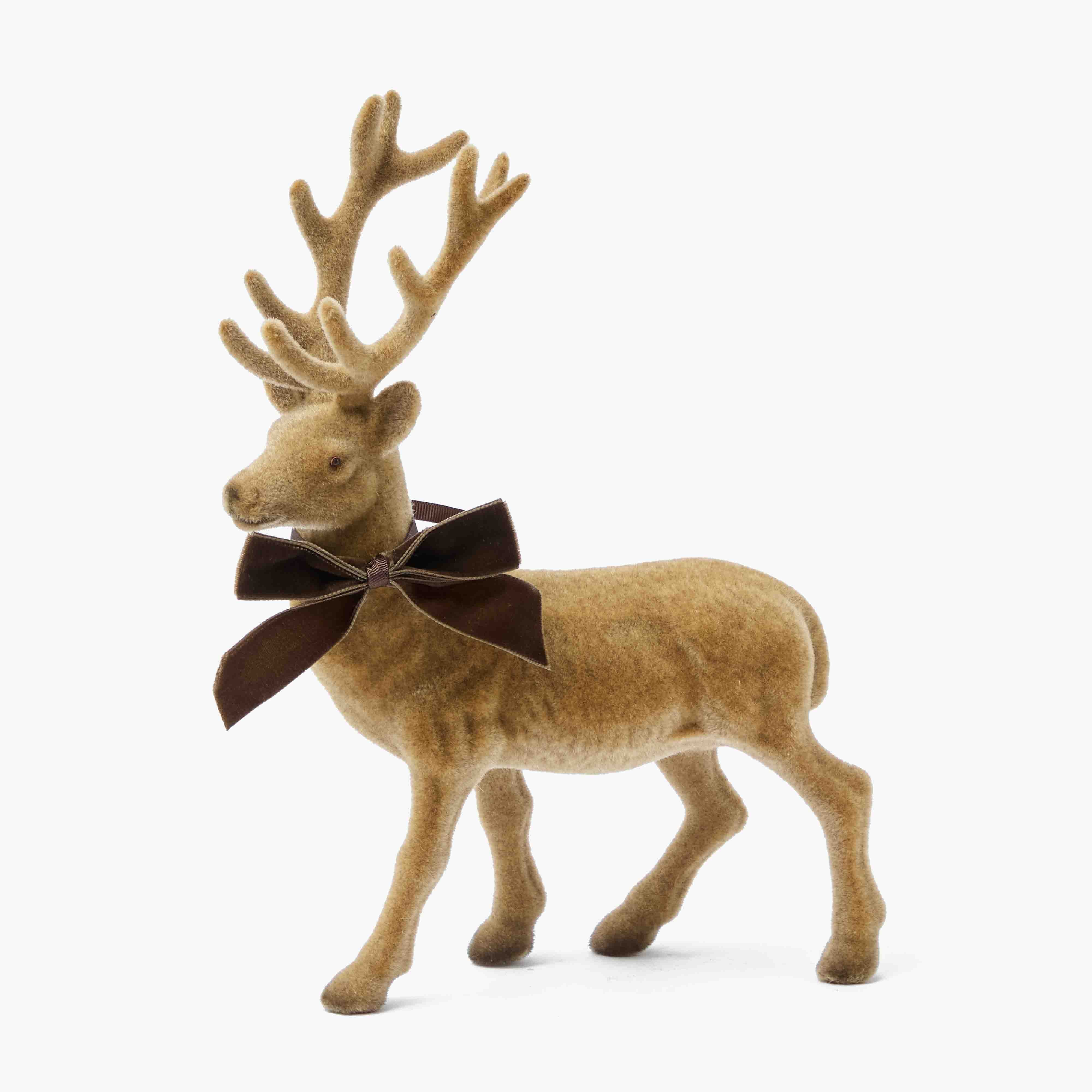Large Chocolate Ribboned Taupe Flocked Reindeer (Pair)