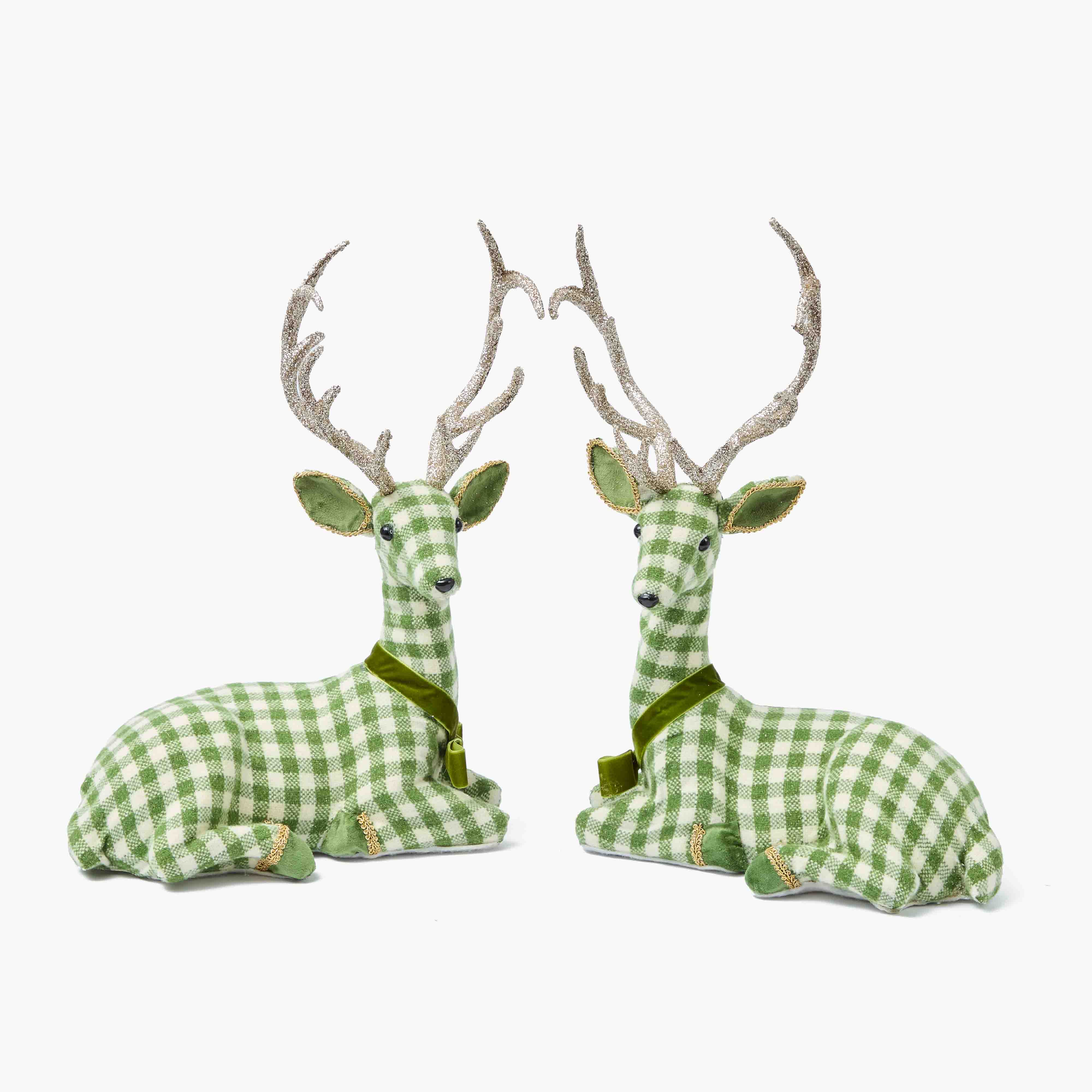 Green Gingham Sitting Deers (Pair)