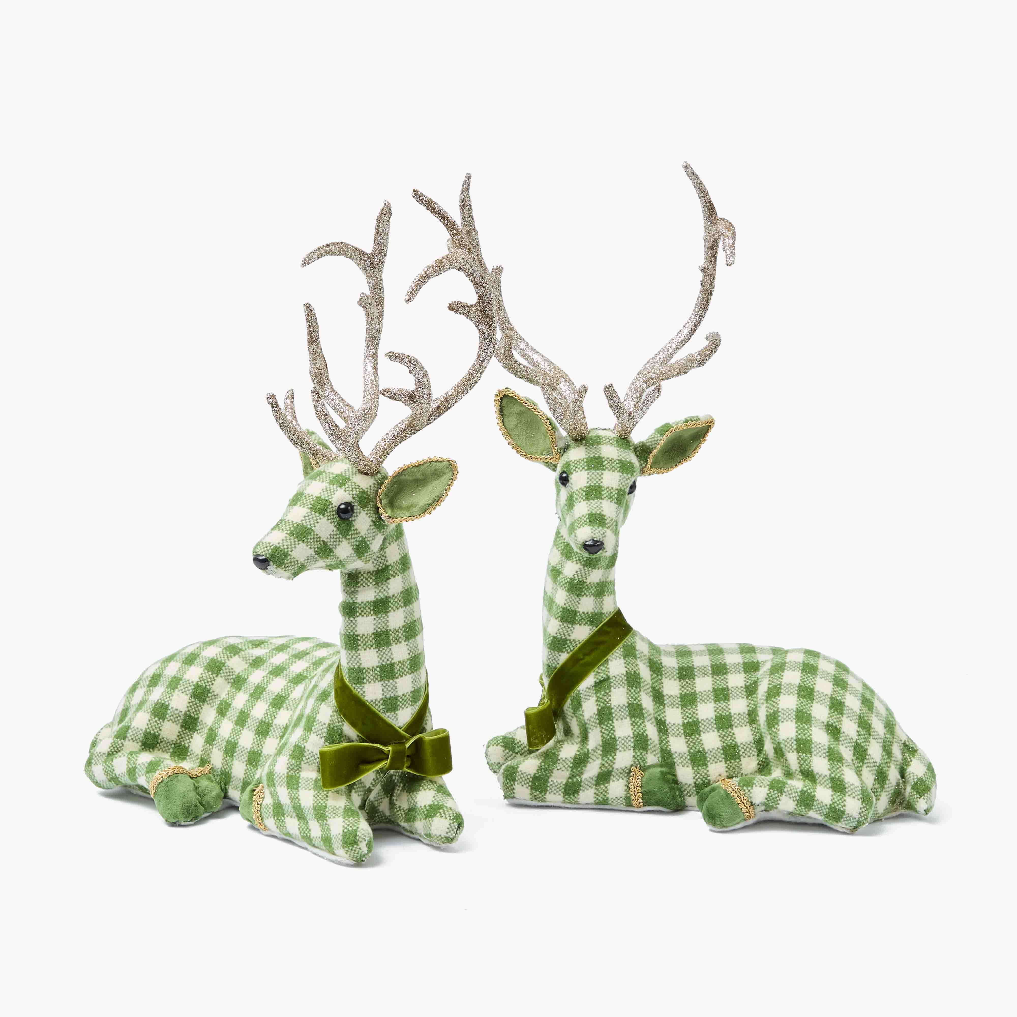 Green Gingham Sitting Deers (Pair)