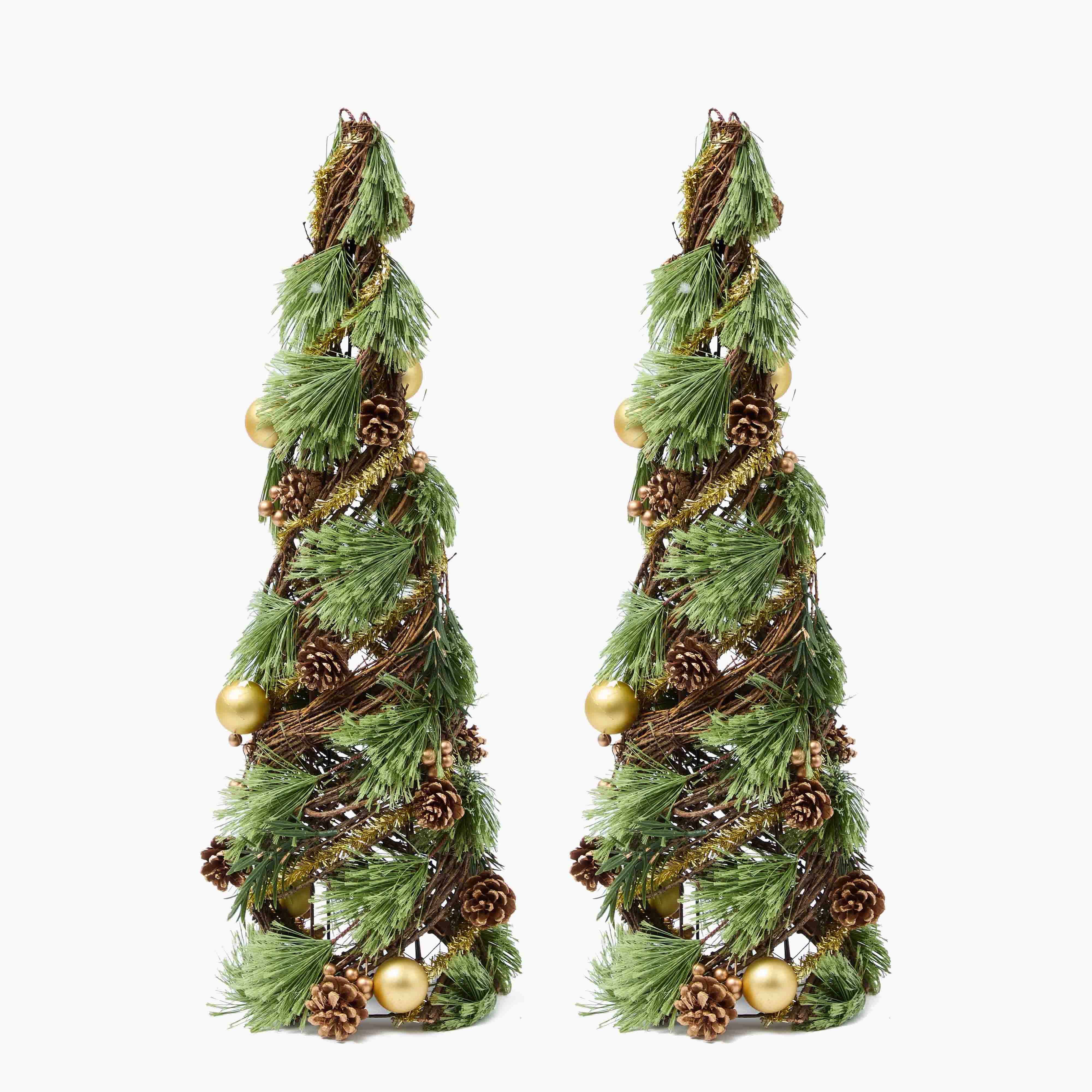 Two decorative Christmas trees made of greenery, pinecones, and gold balls on a white background.