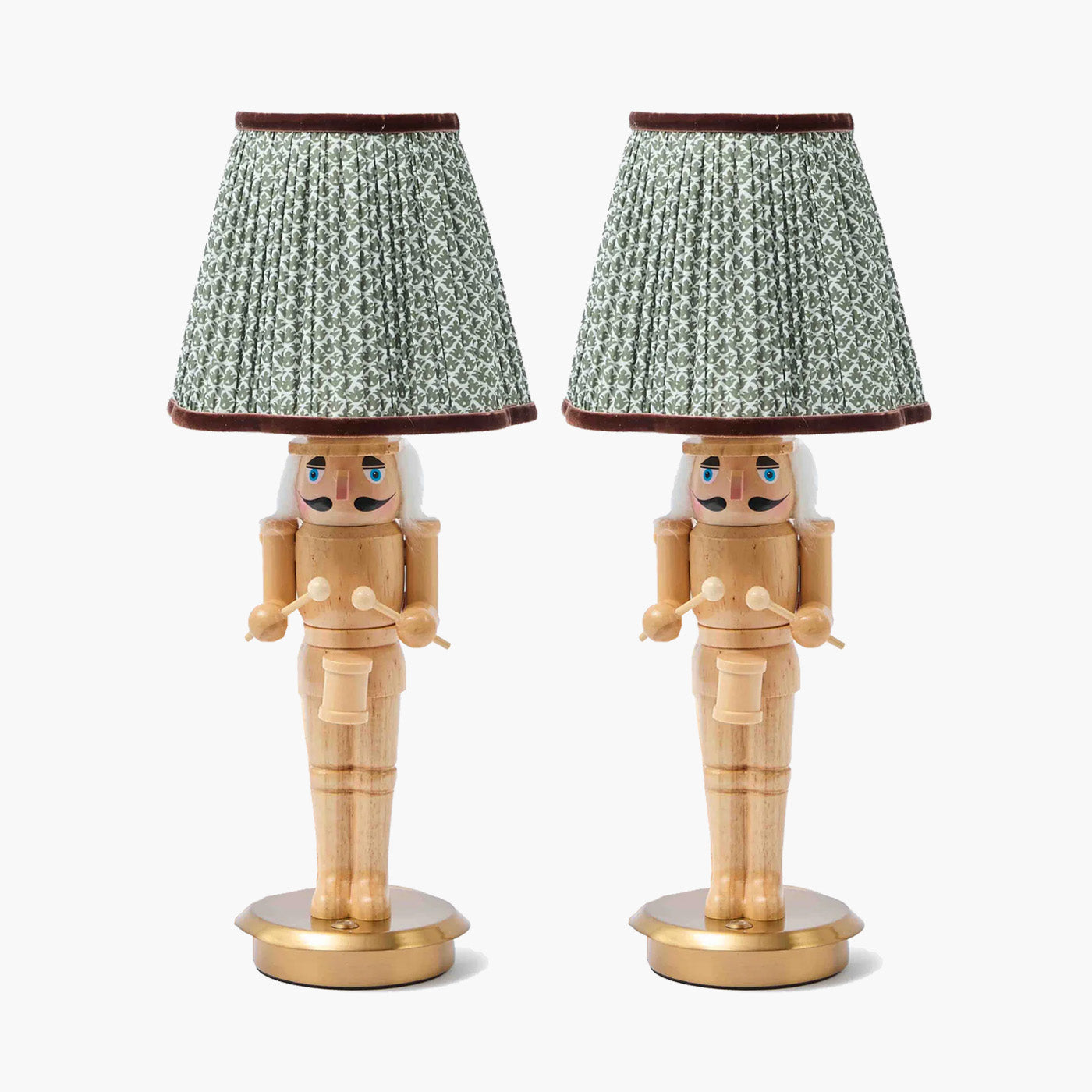 Pair of Nutcracker Rechargeable Lamp with Olive & Chocolate Lotus Shades (18cm)
