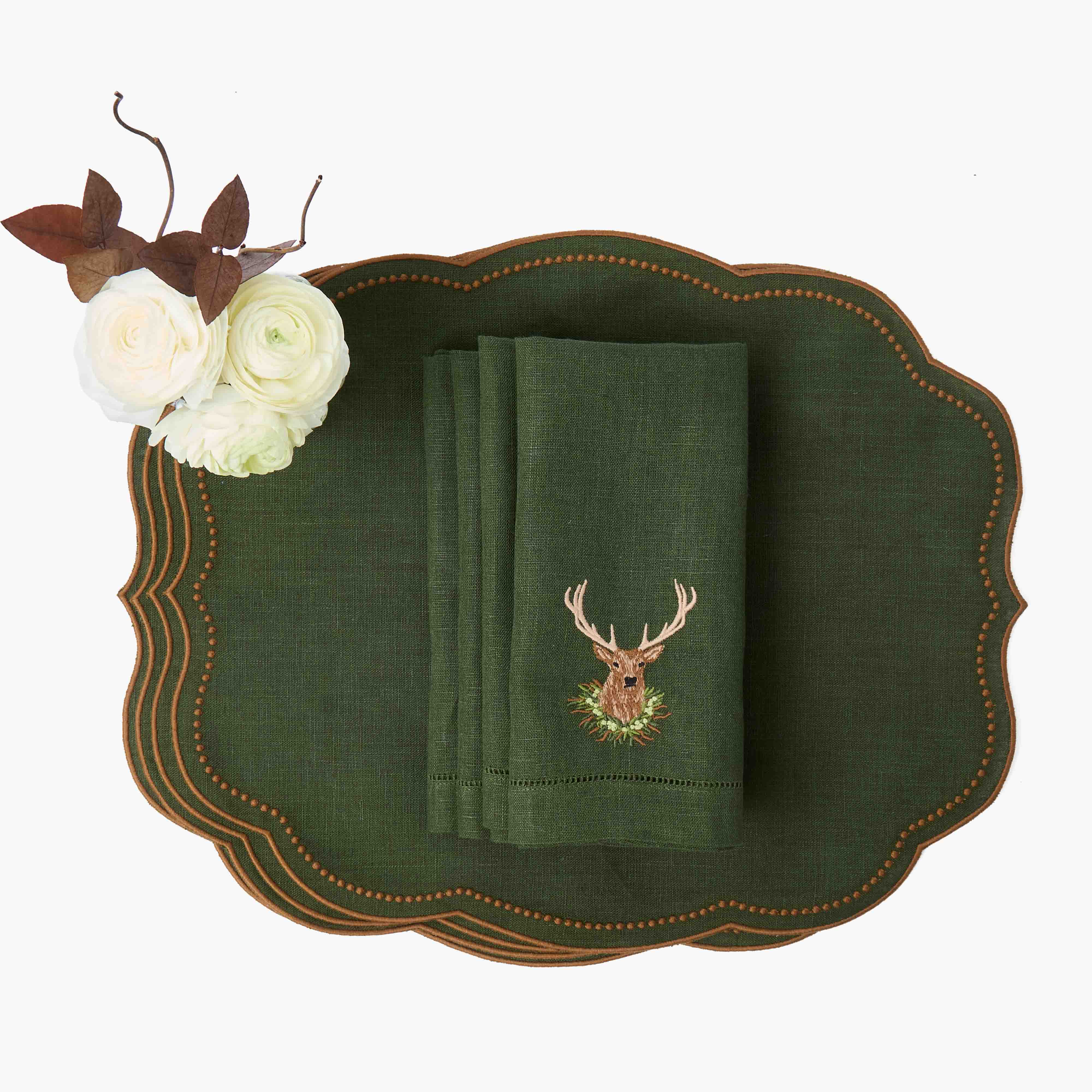 Eloise Green & Chocolate Linen Placemats & Stag Napkins (Set of 4)