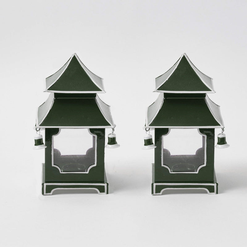 Illuminate your holiday decor with the enchanting Forest Green Mini Pagoda Lantern Pair - a delightful duo that adds a touch of elegance and festivity to your Christmas celebrations.